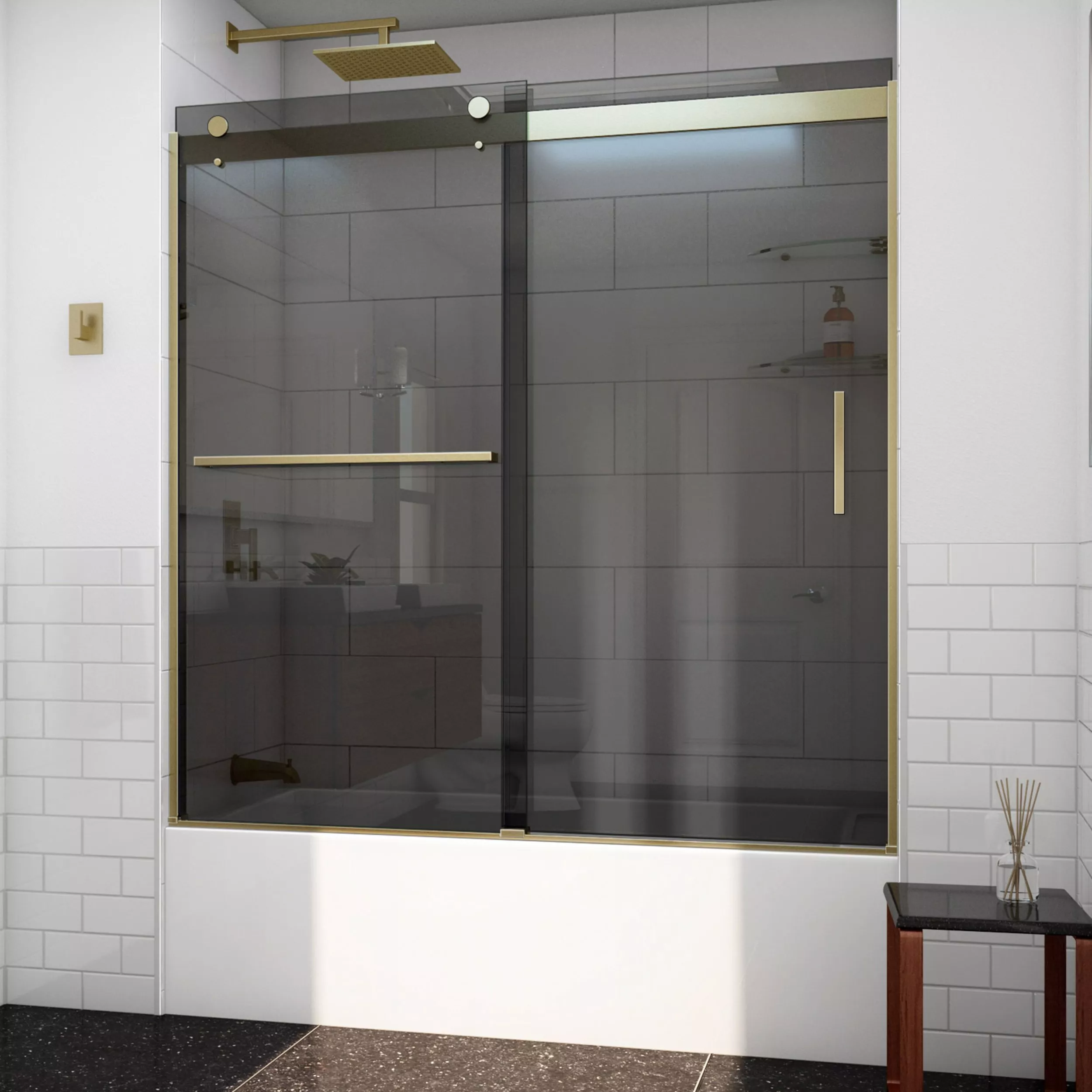 Sapphire Brushed Gold Sliding Shower Door Floor and Decor