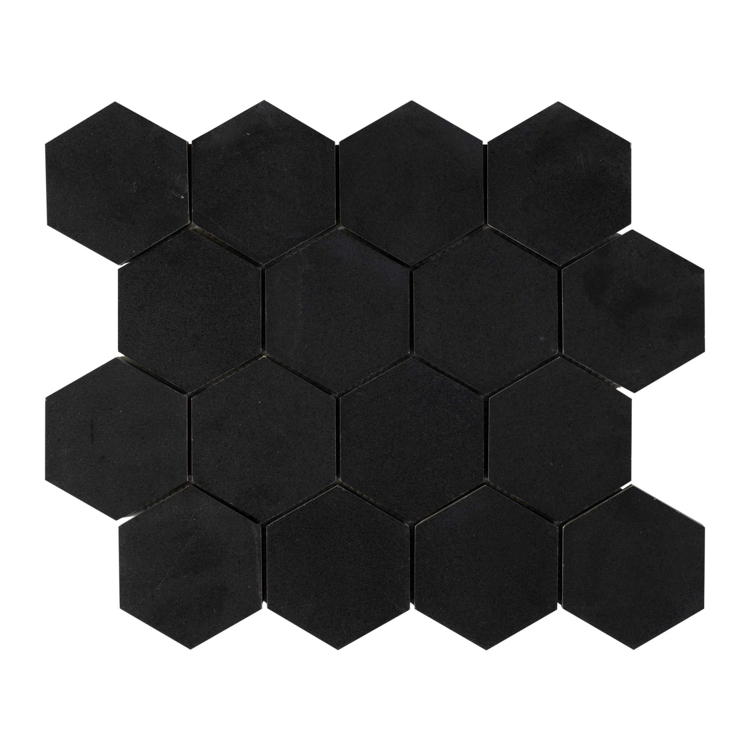Jet Black Hexagon Honed Basalt Mosaic