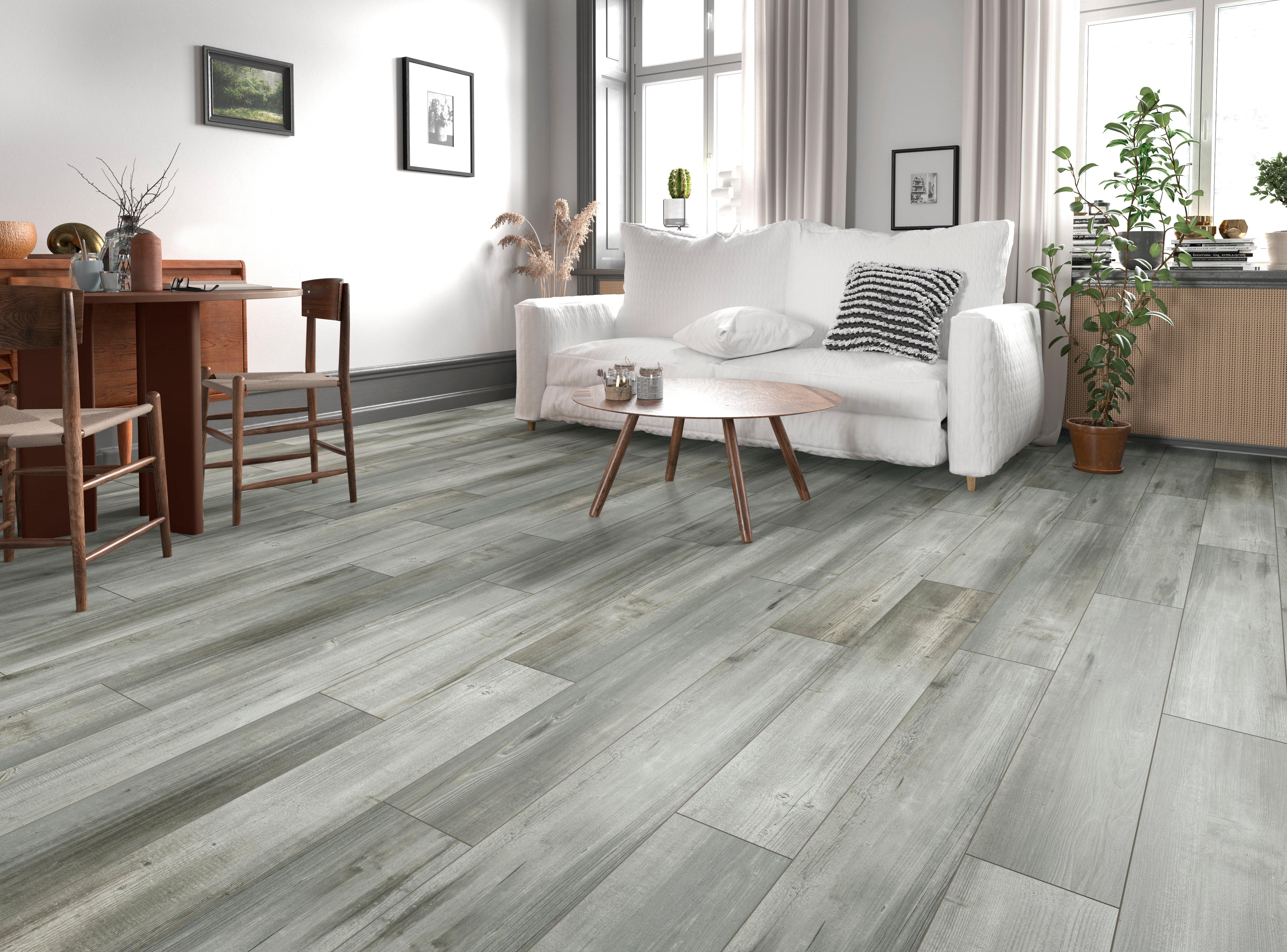 Oak Luxury Vinyl Plank Basement Family Room Flooring and Dark Gray