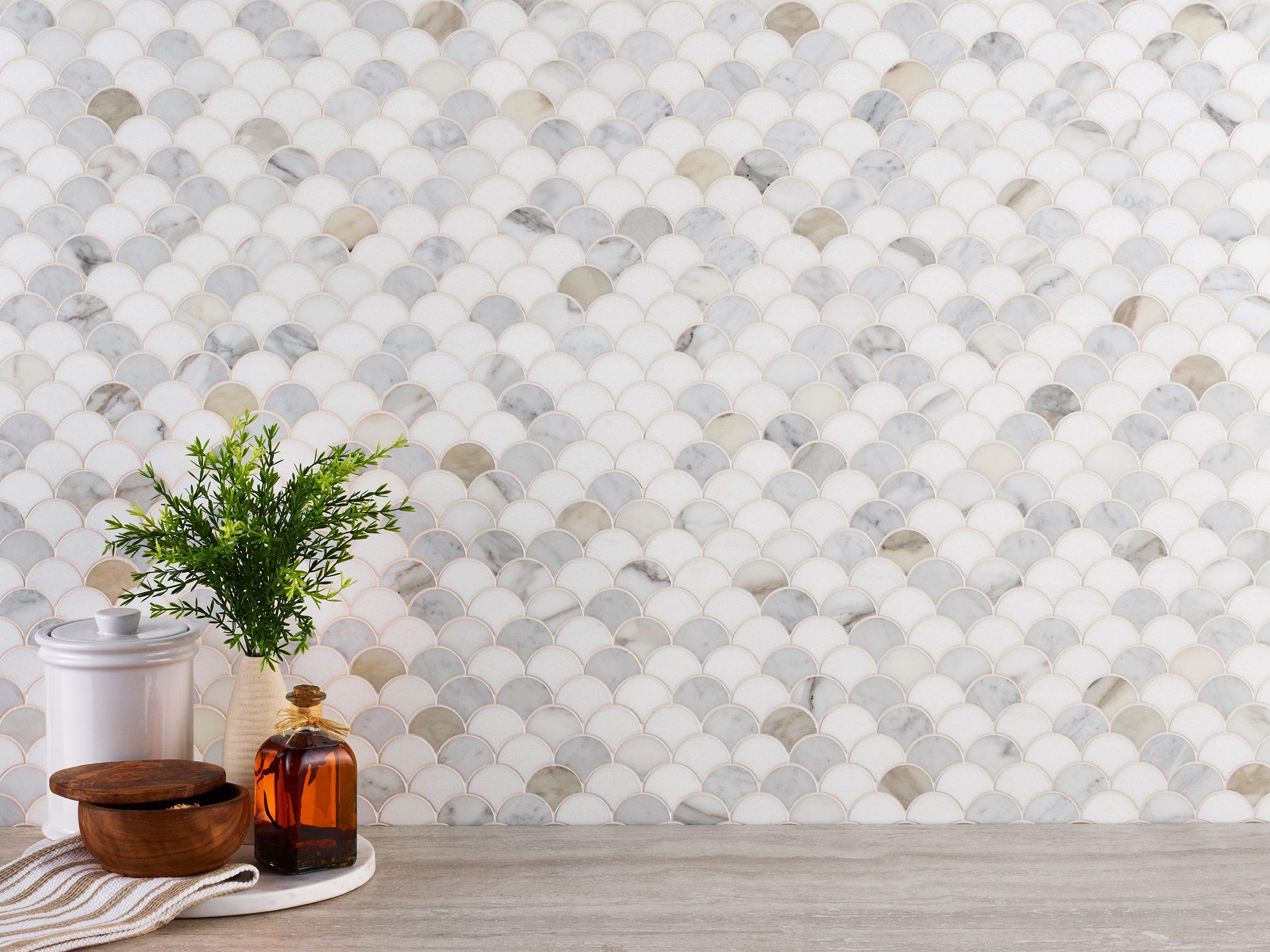 Thassos Calacatta Bianco Carrara Fan Honed Marble Mosaic