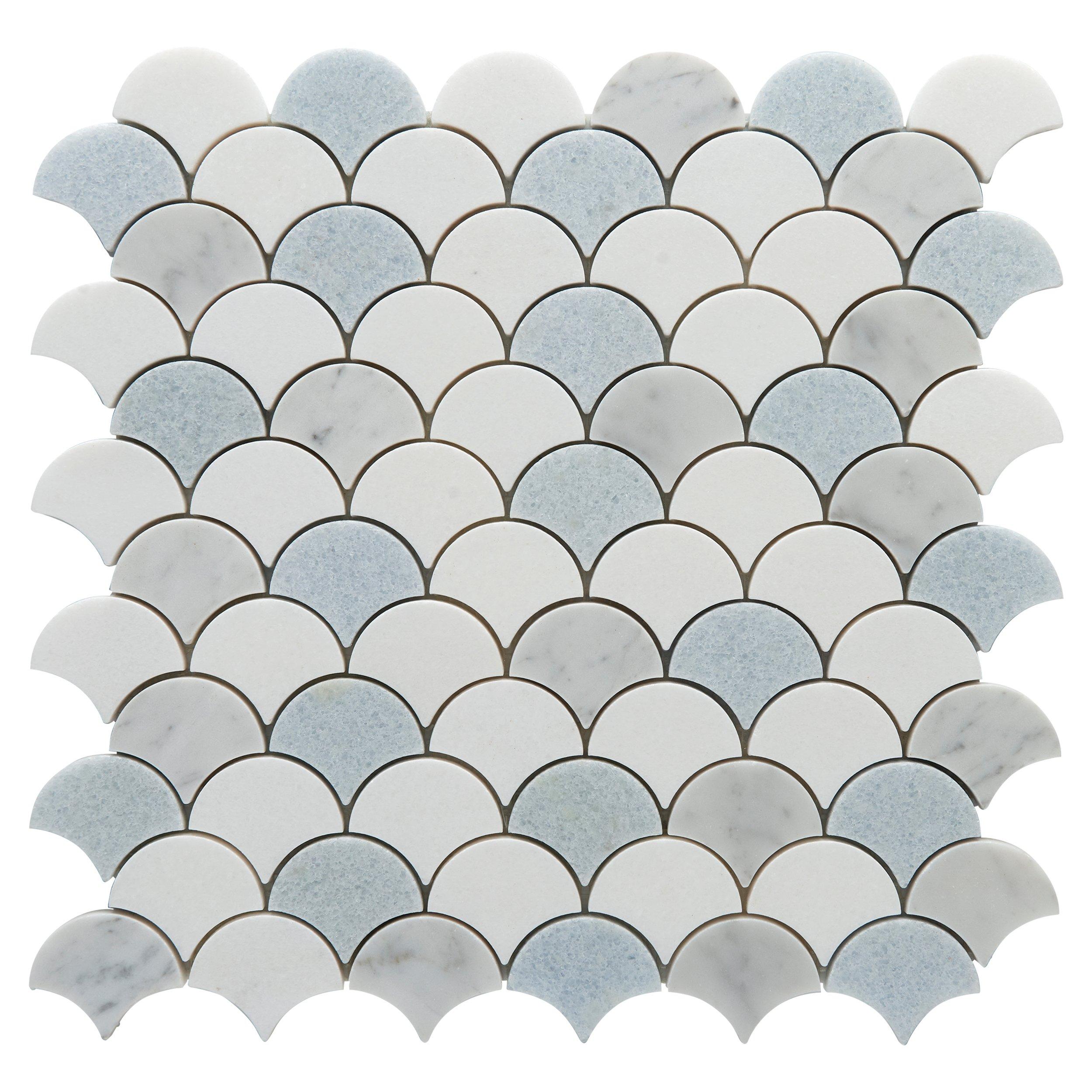 Blue Celeste Thassos Bianco Carrara Fan Honed Marble Mosaic