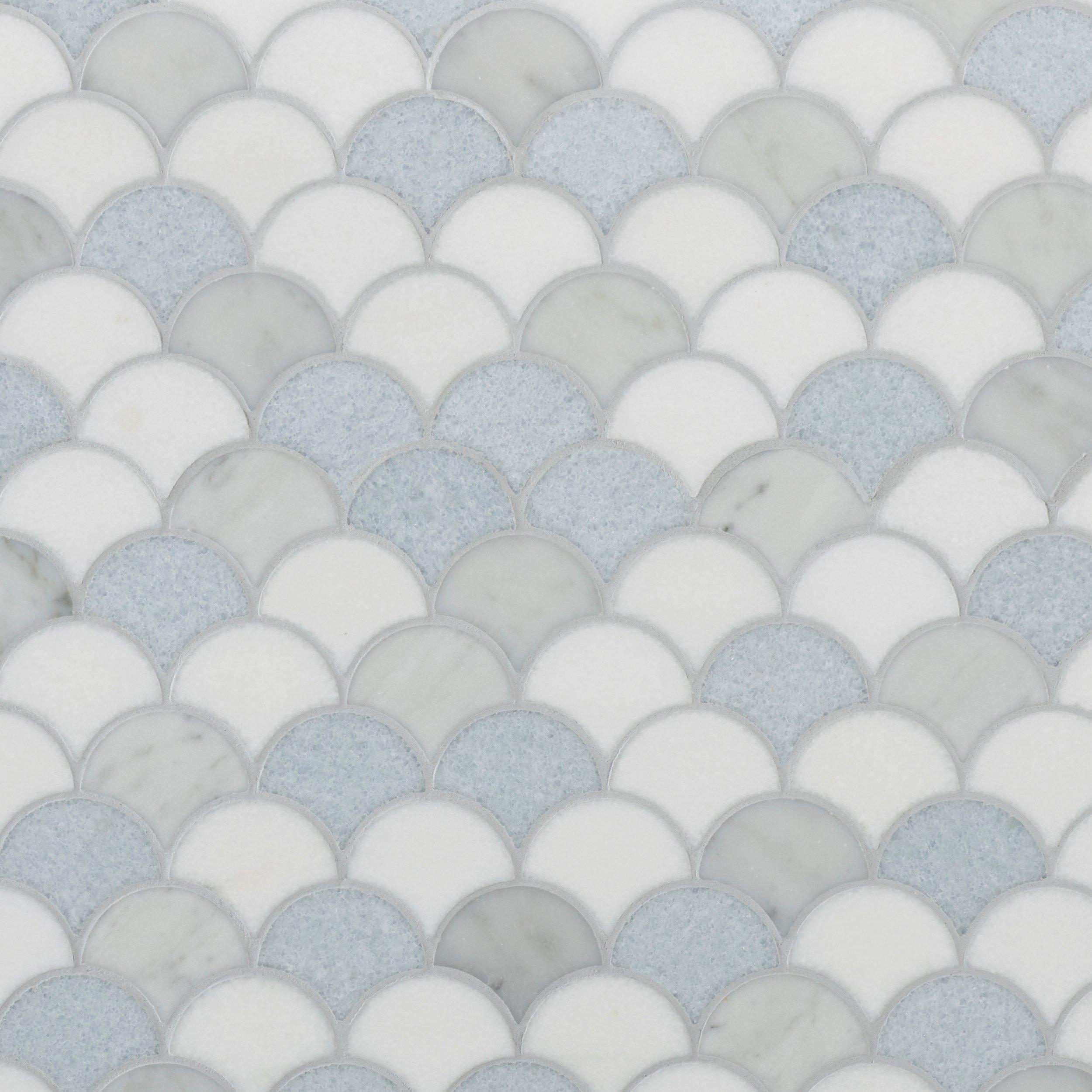 Blue Celeste Thassos Bianco Carrara Fan Honed Marble Mosaic