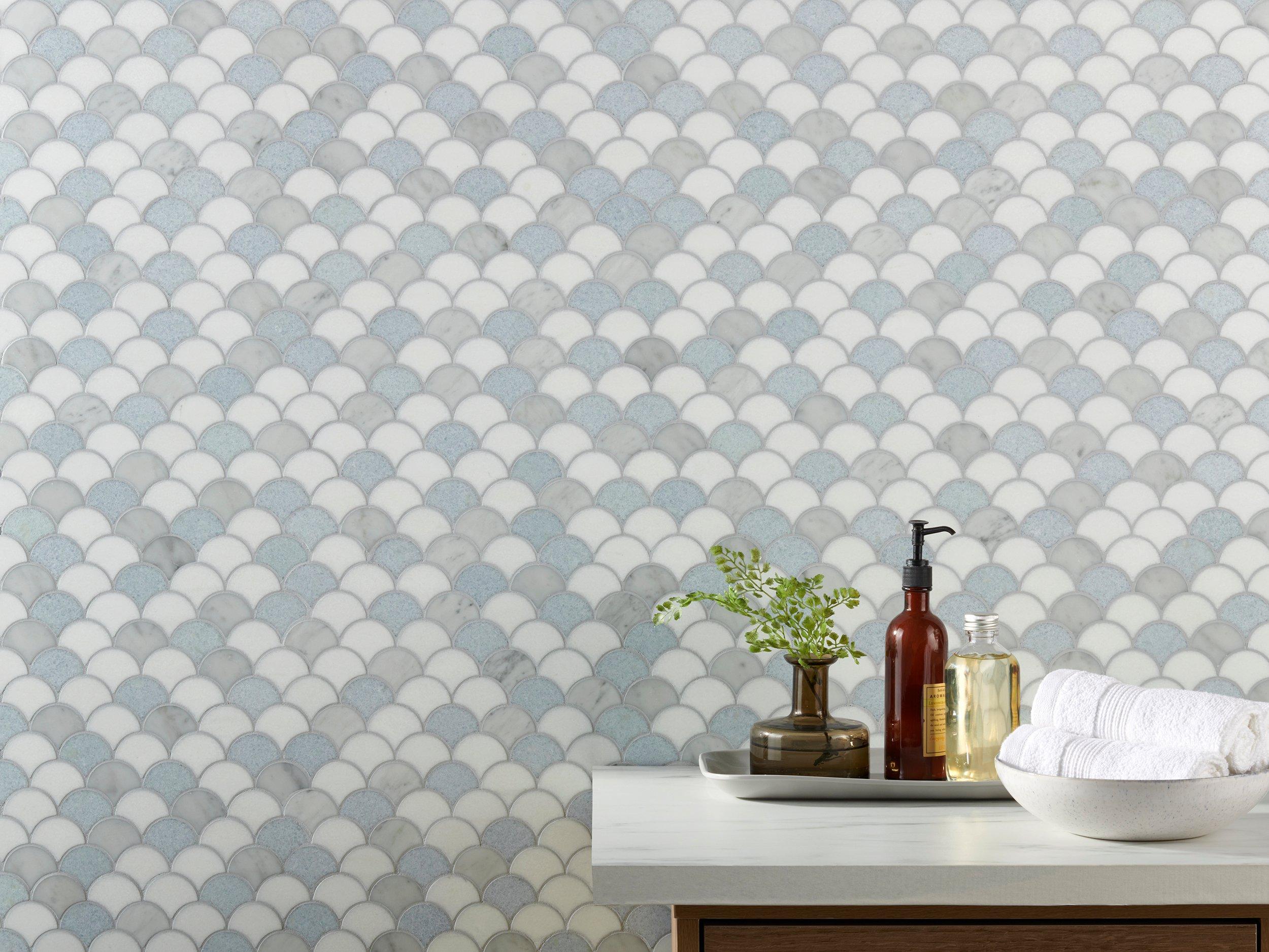 Blue Celeste Thassos Bianco Carrara Fan Honed Marble Mosaic