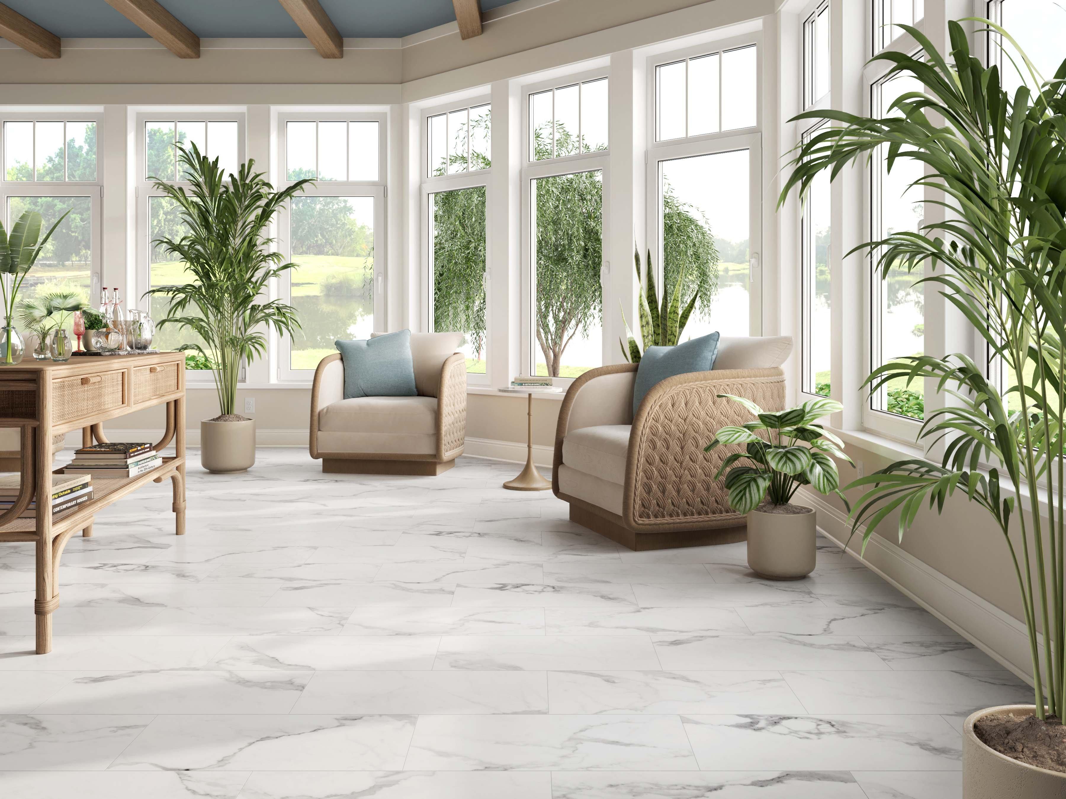 Living  room with stone look vinyl or resilient flooring