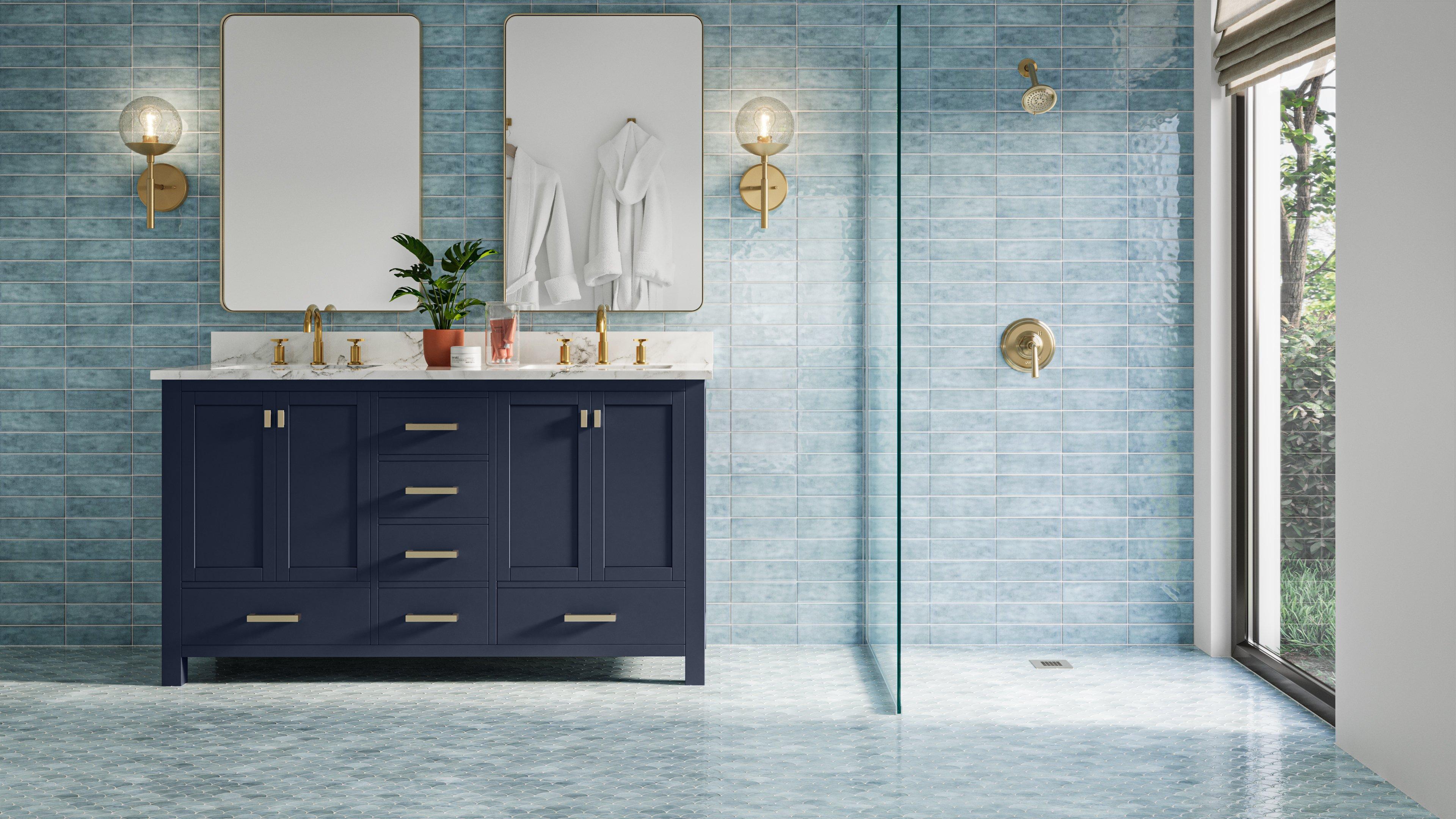 Kent 73 in. Blue Double Vanity with Engineered Cararra Top