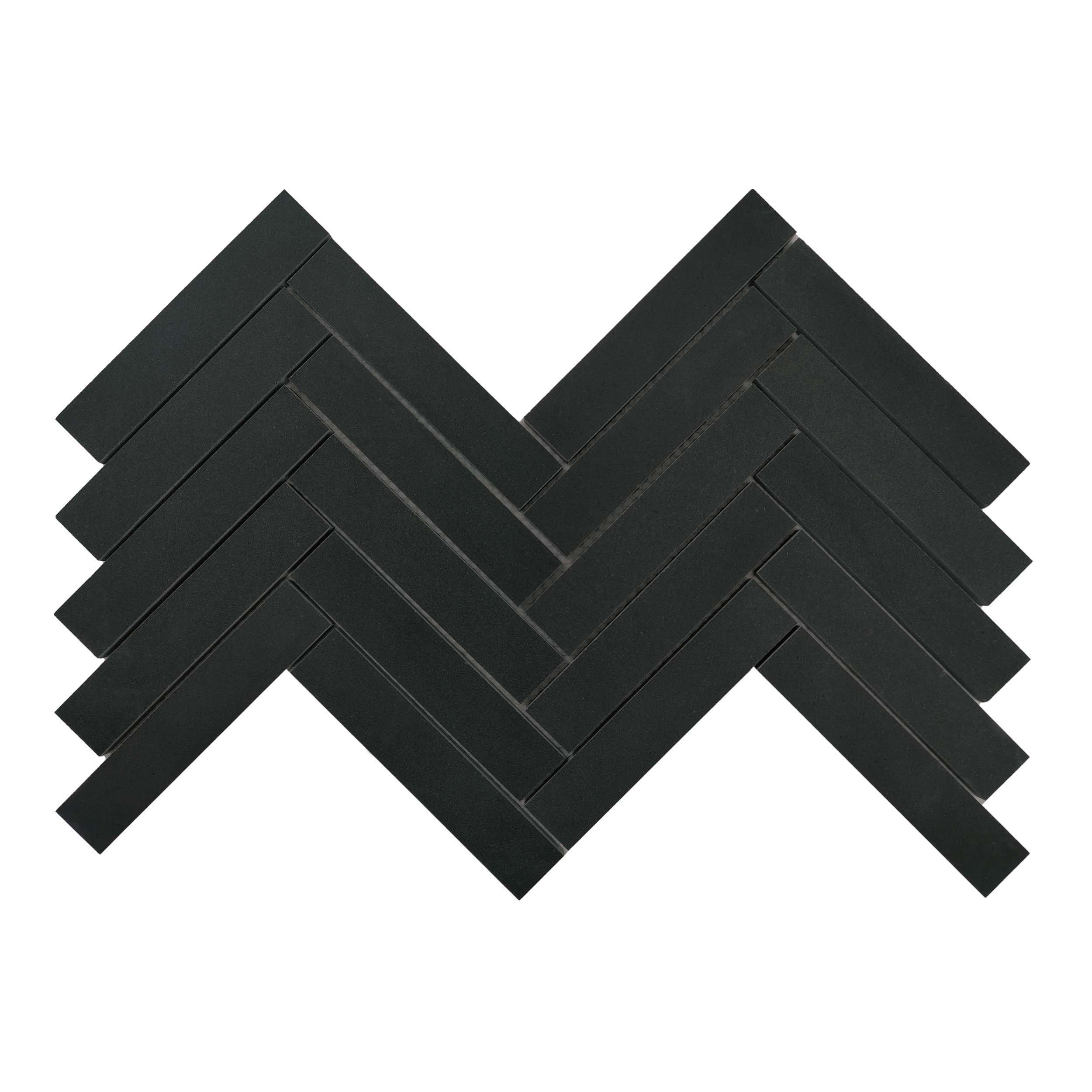 Jet Black Herringbone Honed Basalt Mosaic