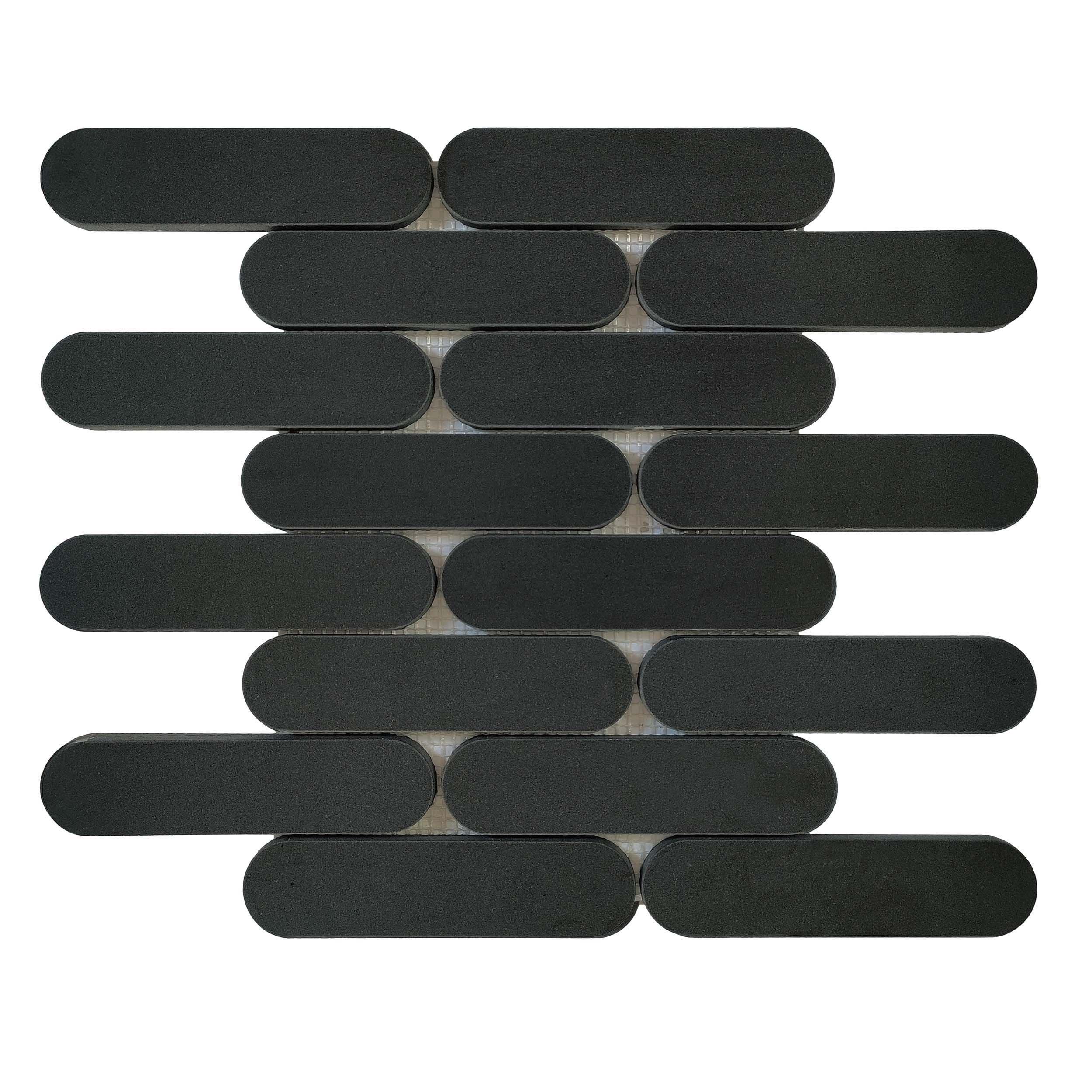 Jet Black Elongated Oval Honed Basalt Mosaic