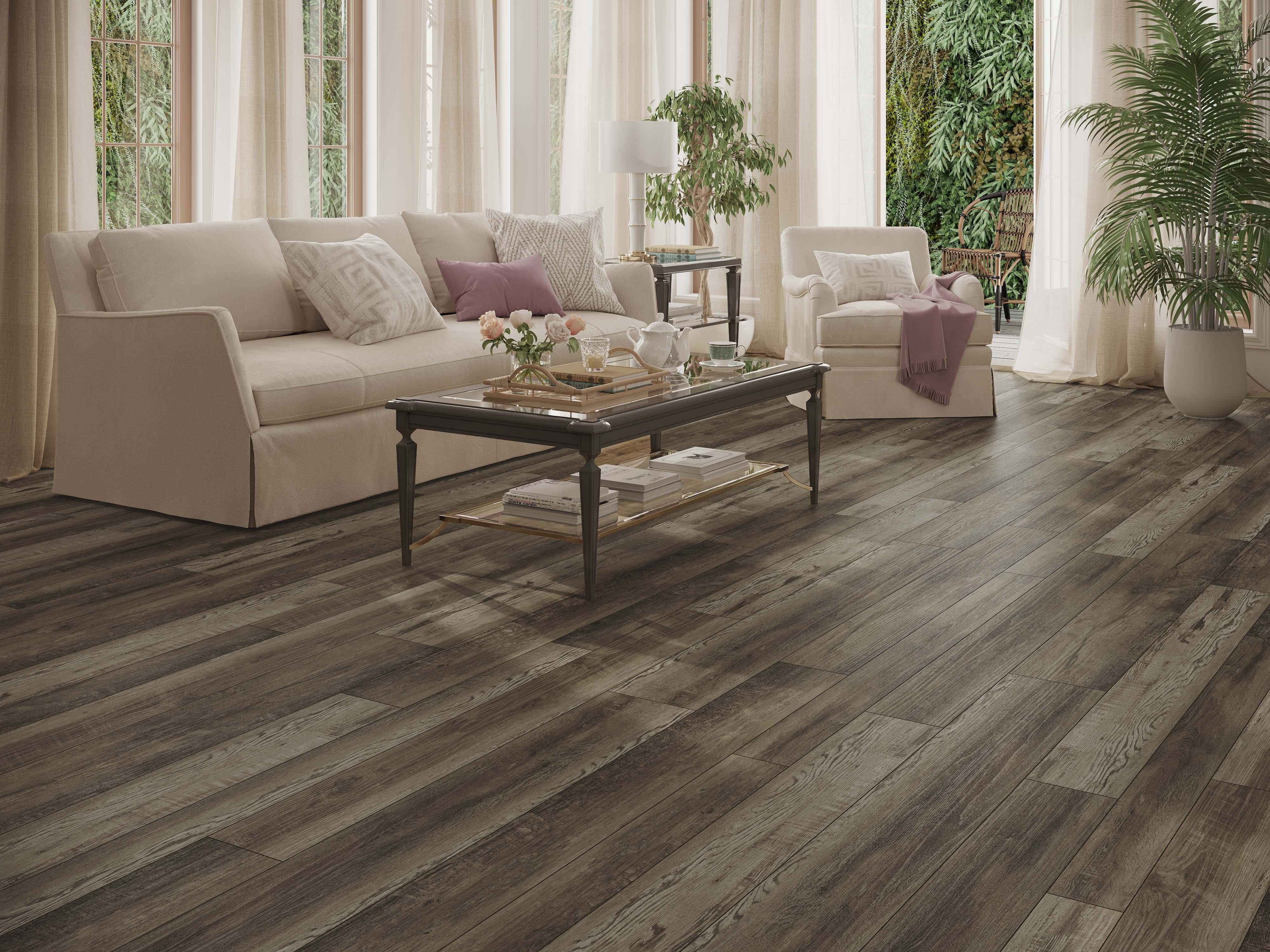 Living room with high variation resilient flooring