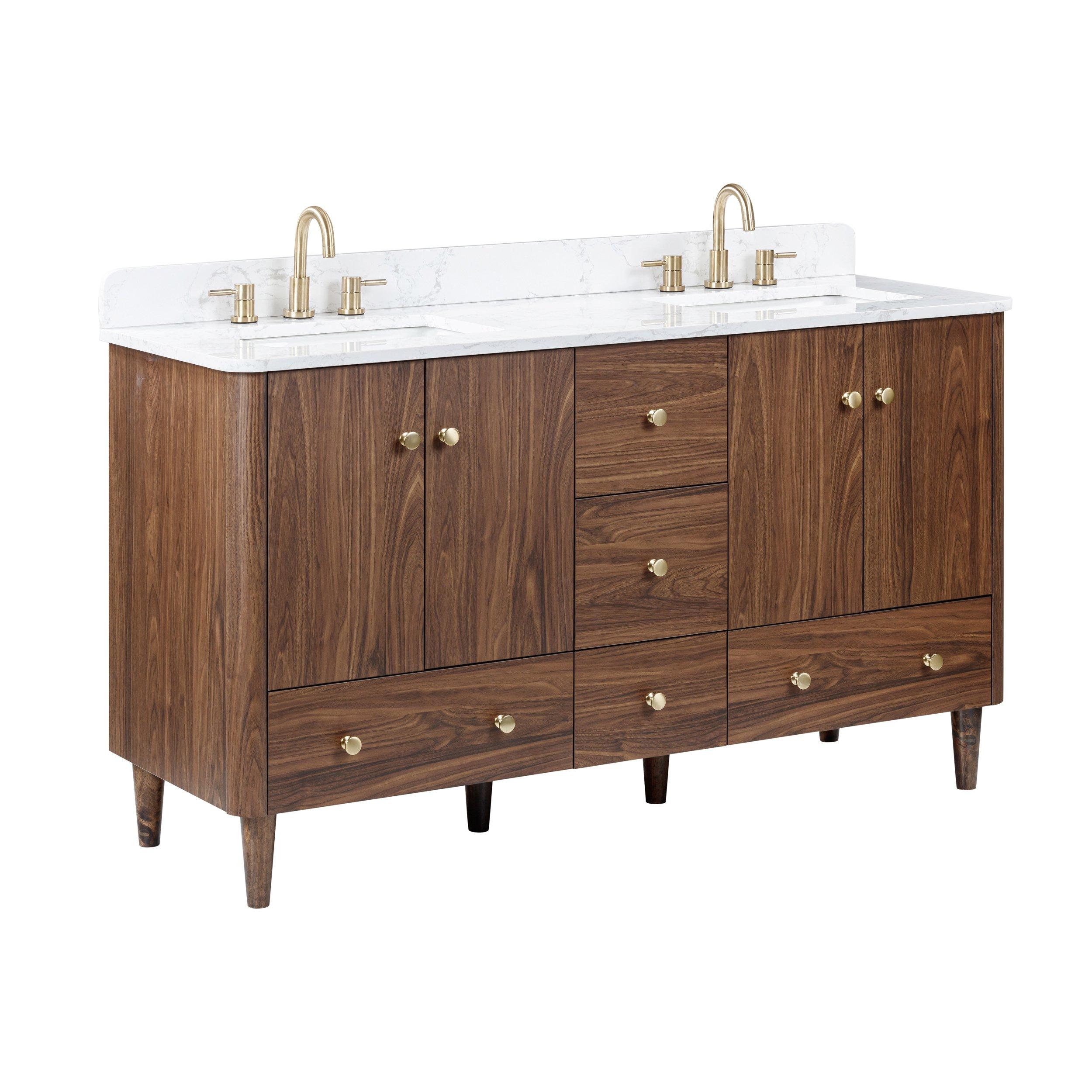 Leyah 61 in. Walnut Finish Vanity with Engineered Stone Top
