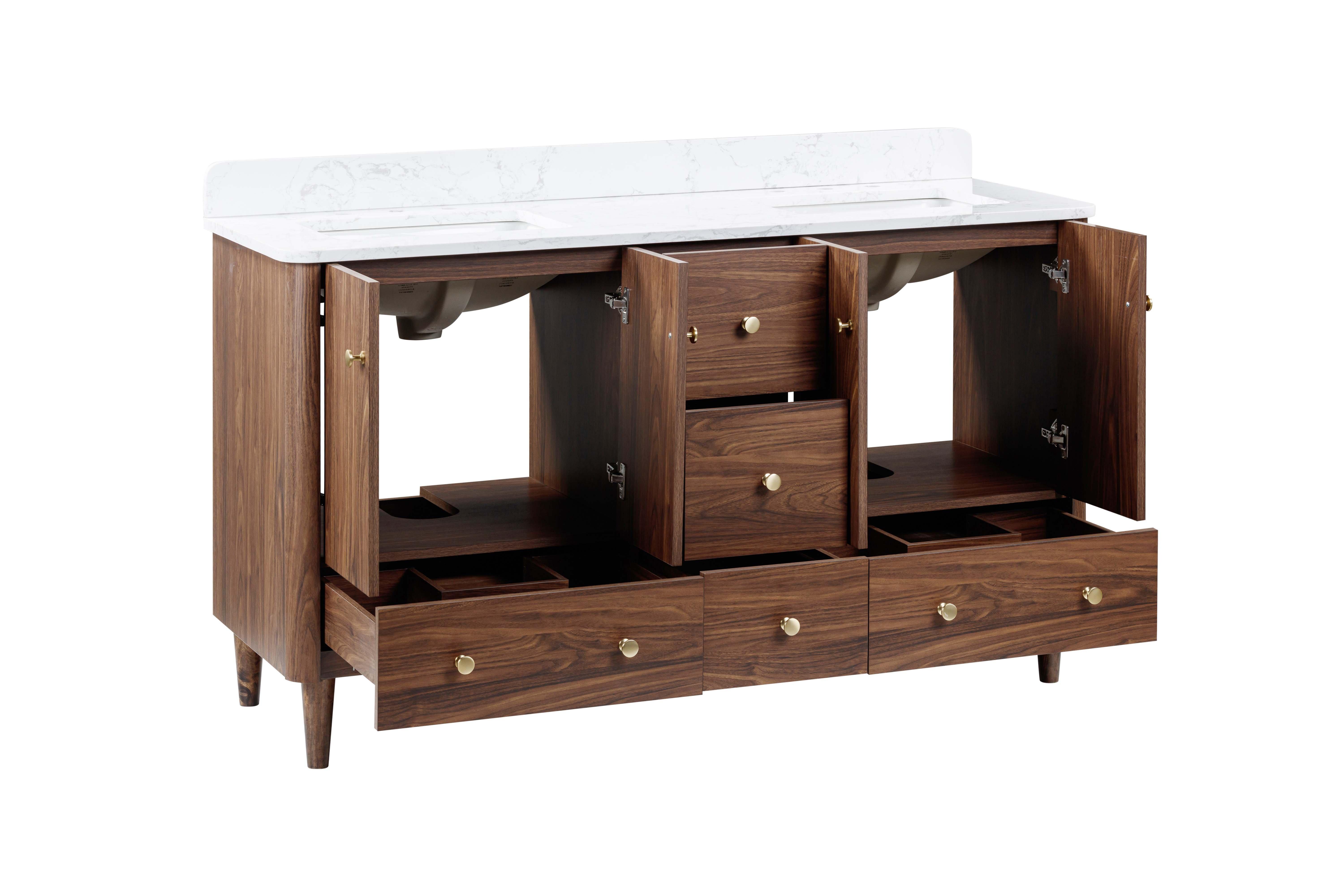 Leyah 61 in. Walnut Vanity with Carrara Marble Top | Floor and Decor