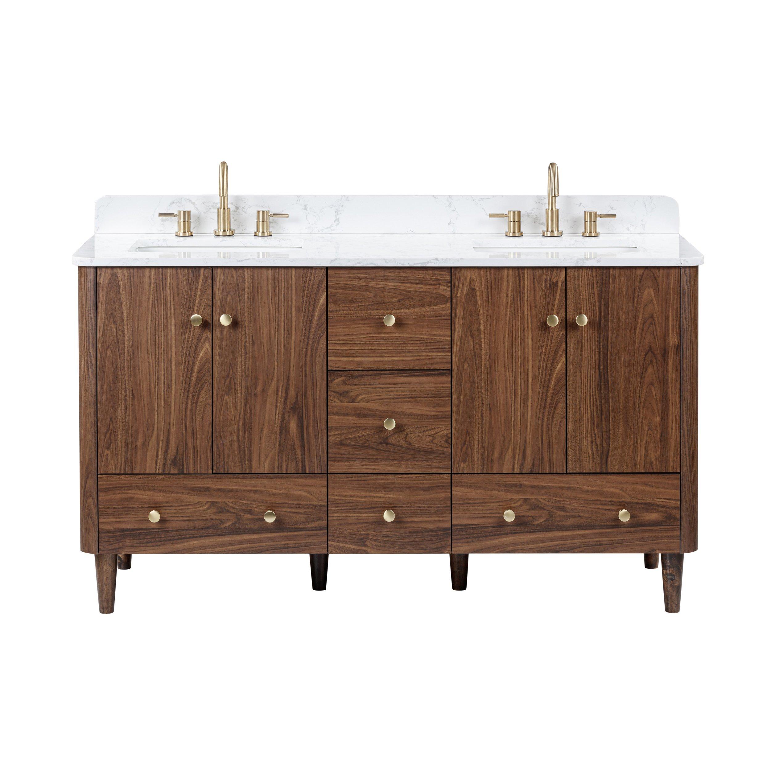 Leyah 61 in. Walnut Finish Vanity with Engineered Stone Top