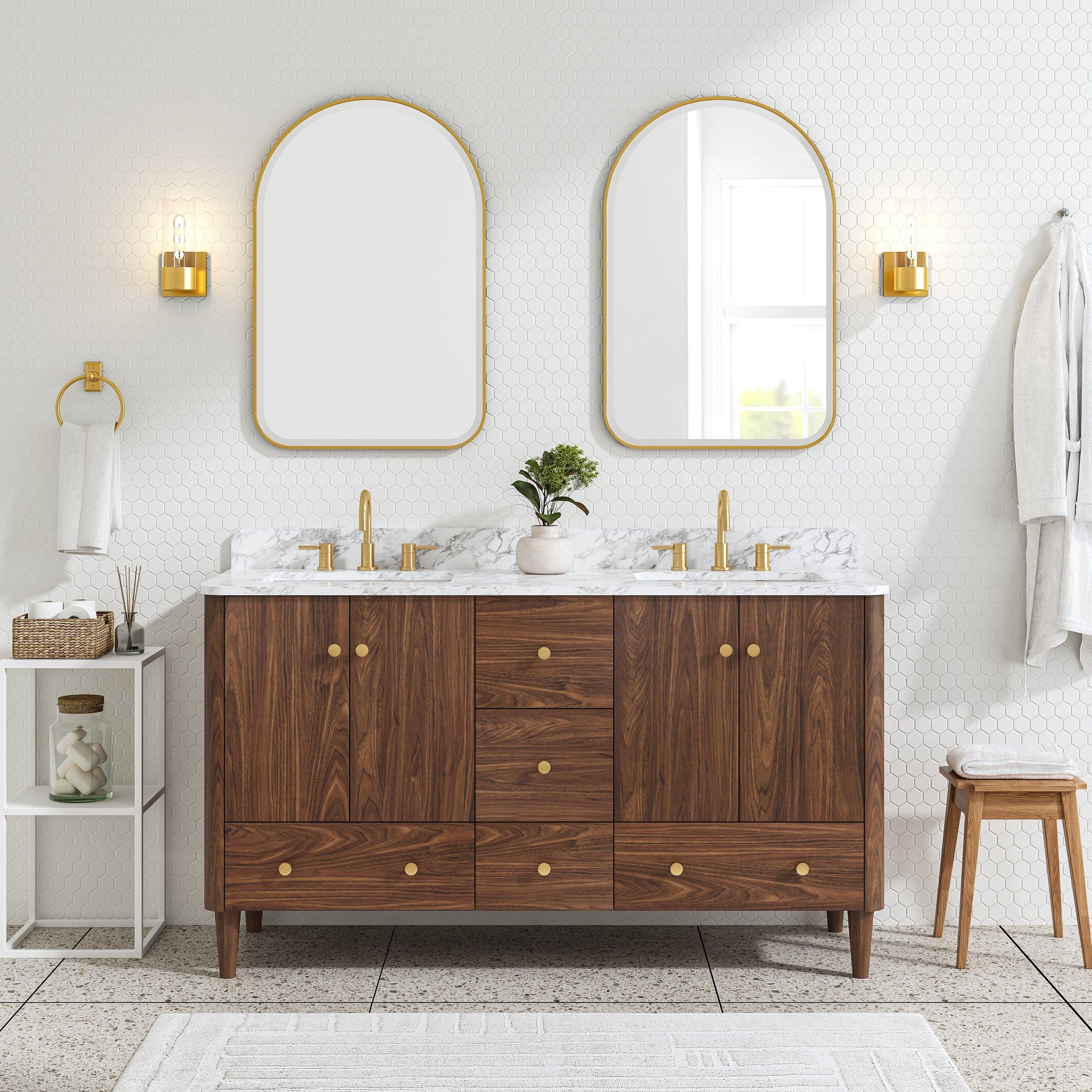 Leyah 61 in. Walnut Finish Vanity with Engineered Stone Top