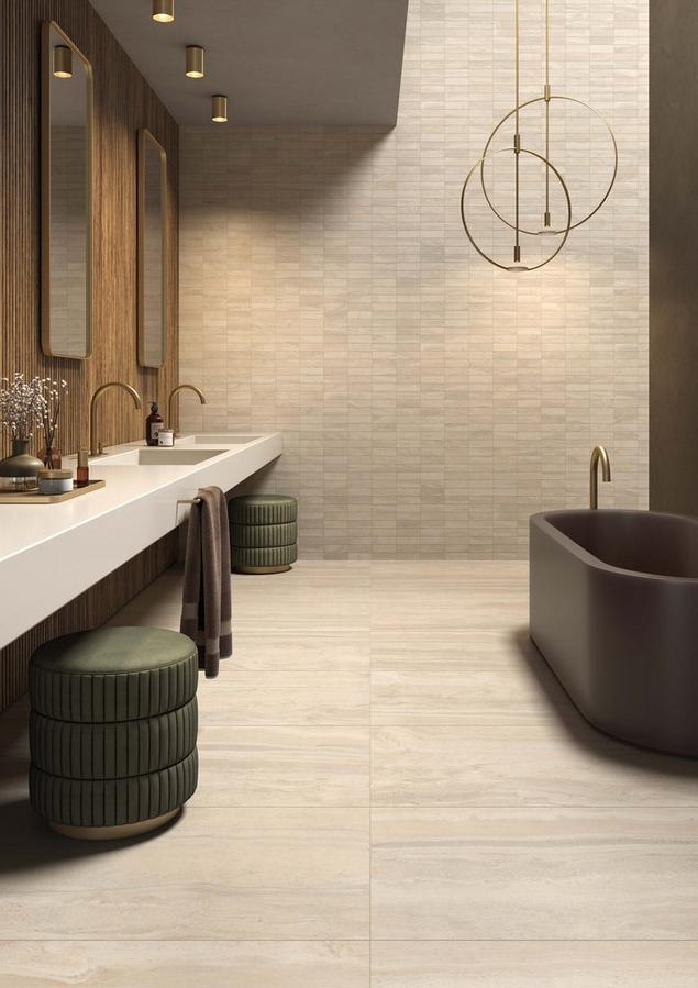 Bathroom with Napoli Porcelain Sand Tile flooring and floating vanity with white top.