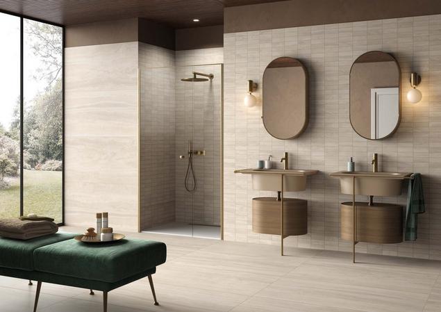 Bathroom with Napoli Sand Porcelain Tile flooring and walls.