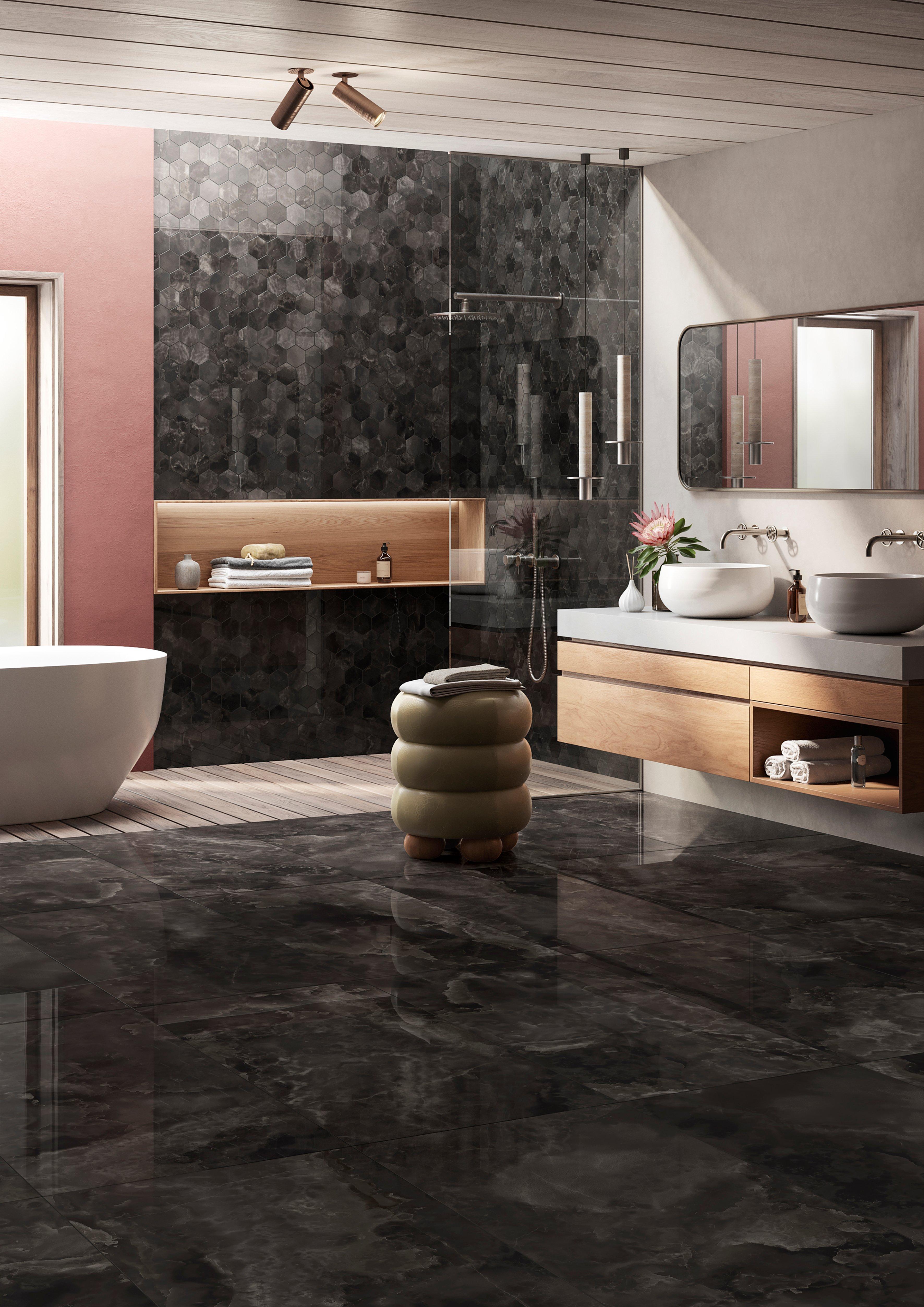 Onyx Noir Hexagon Polished Porcelain Mosaic