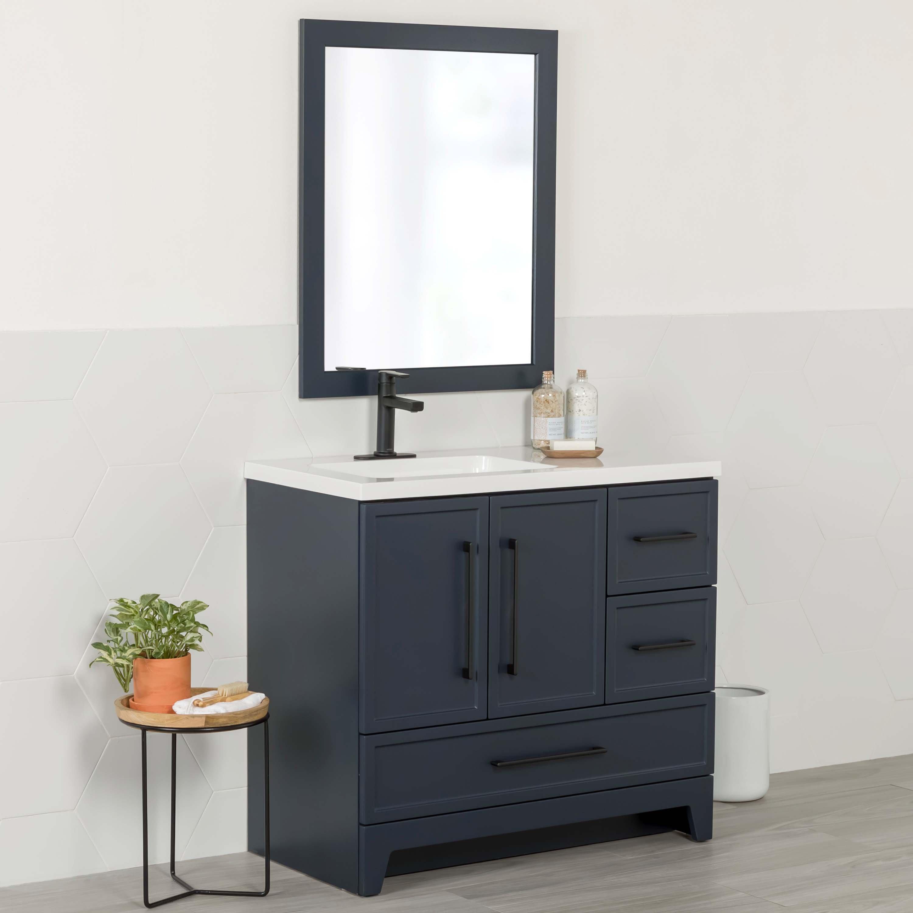 Eli 37 in. Deep Blue Vanity with Cultured Marble Top Includes Mirror