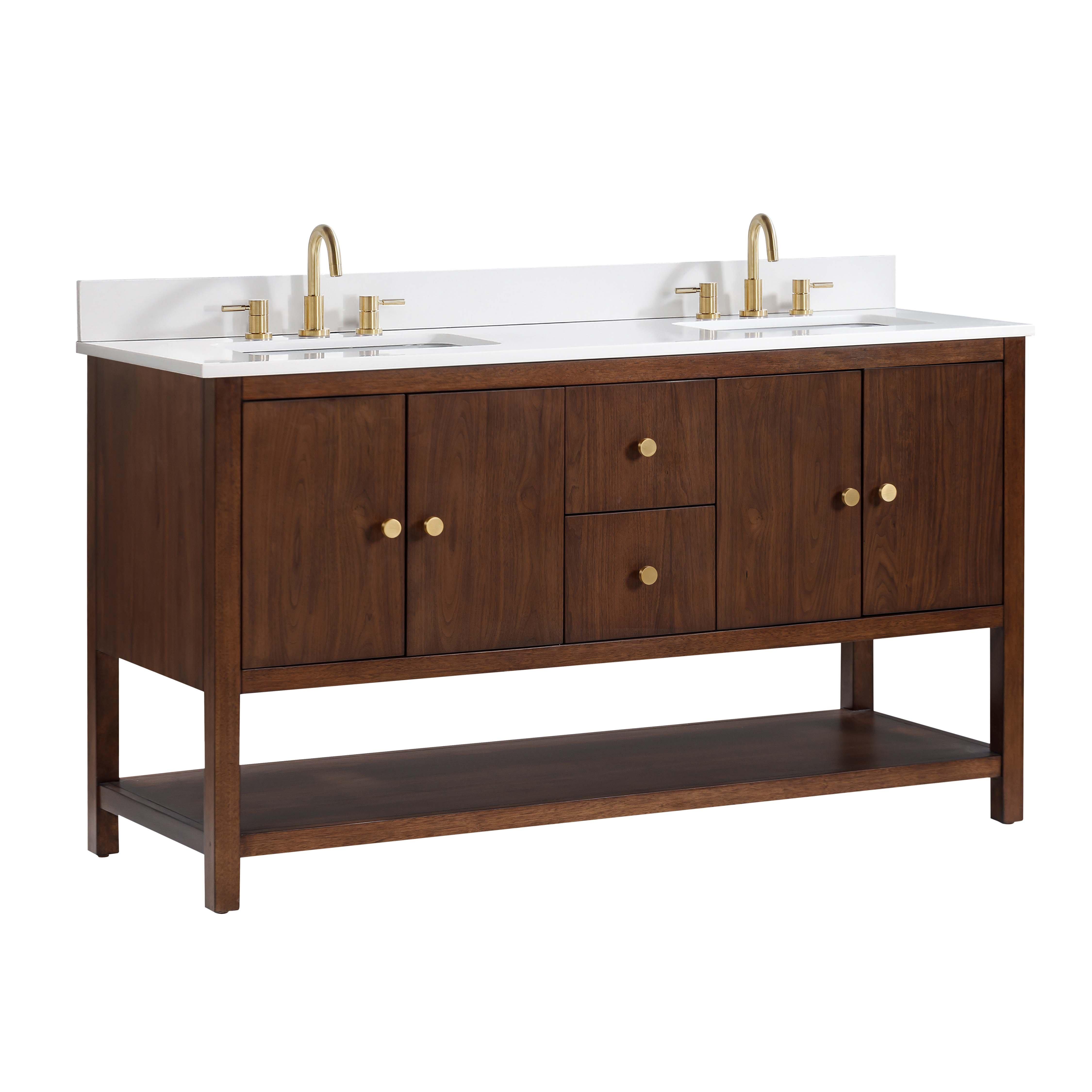 Zora 61 in. Walnut Brown Vanity with White Quartz Top