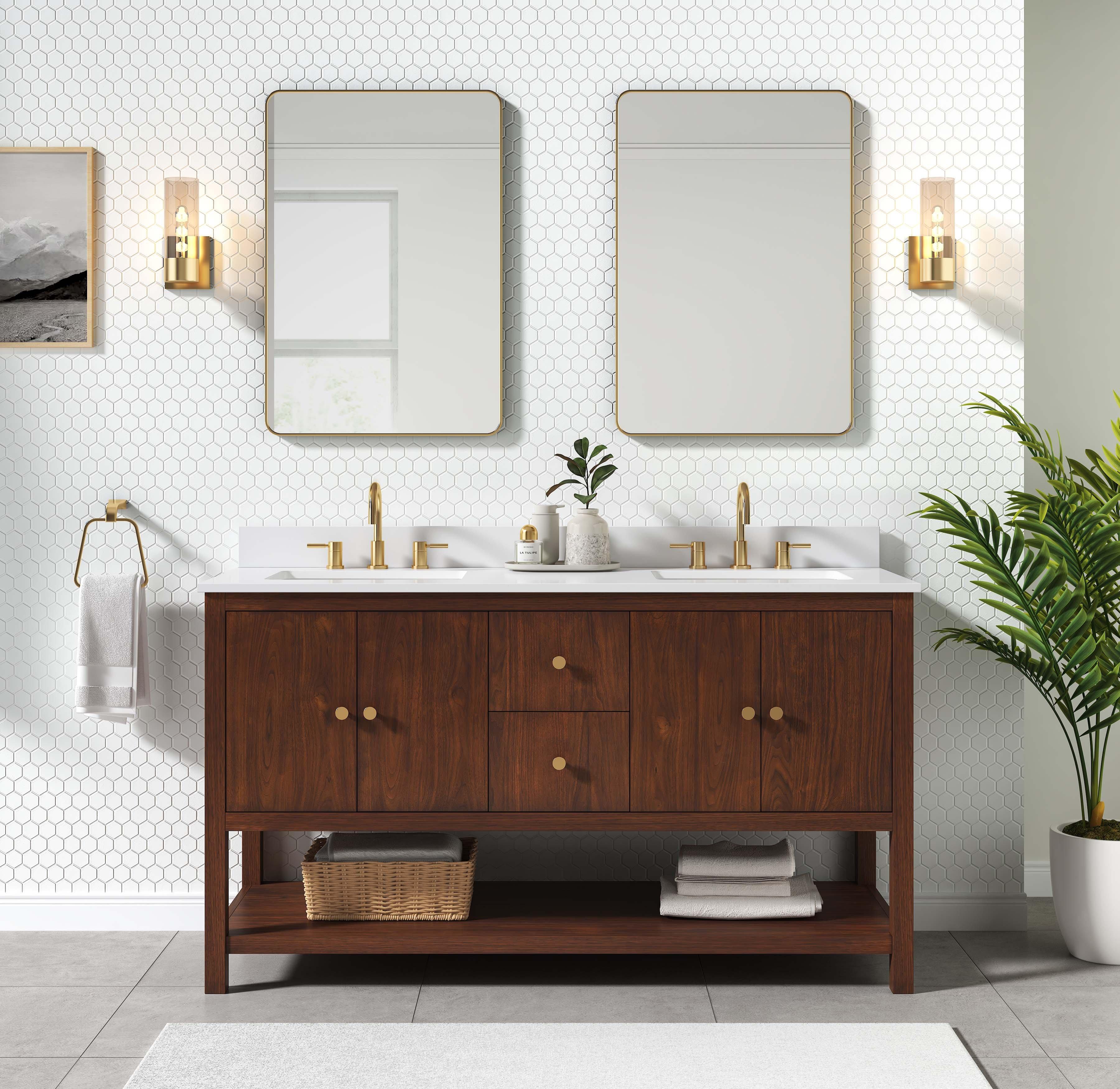 Zora 61 in. Walnut Brown Vanity with White Quartz Top