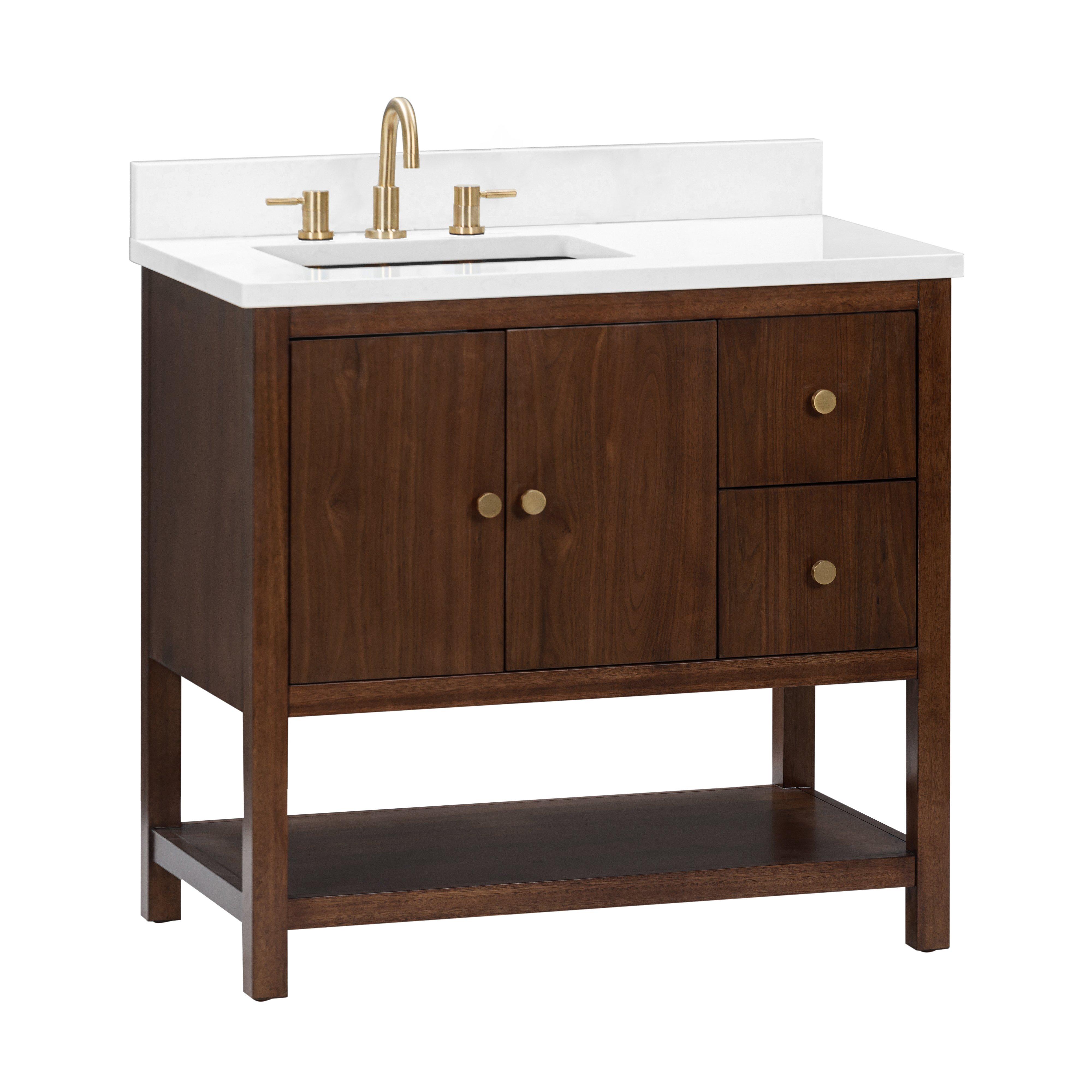 Zora 37 in. Walnut Brown Vanity with White Quartz Top