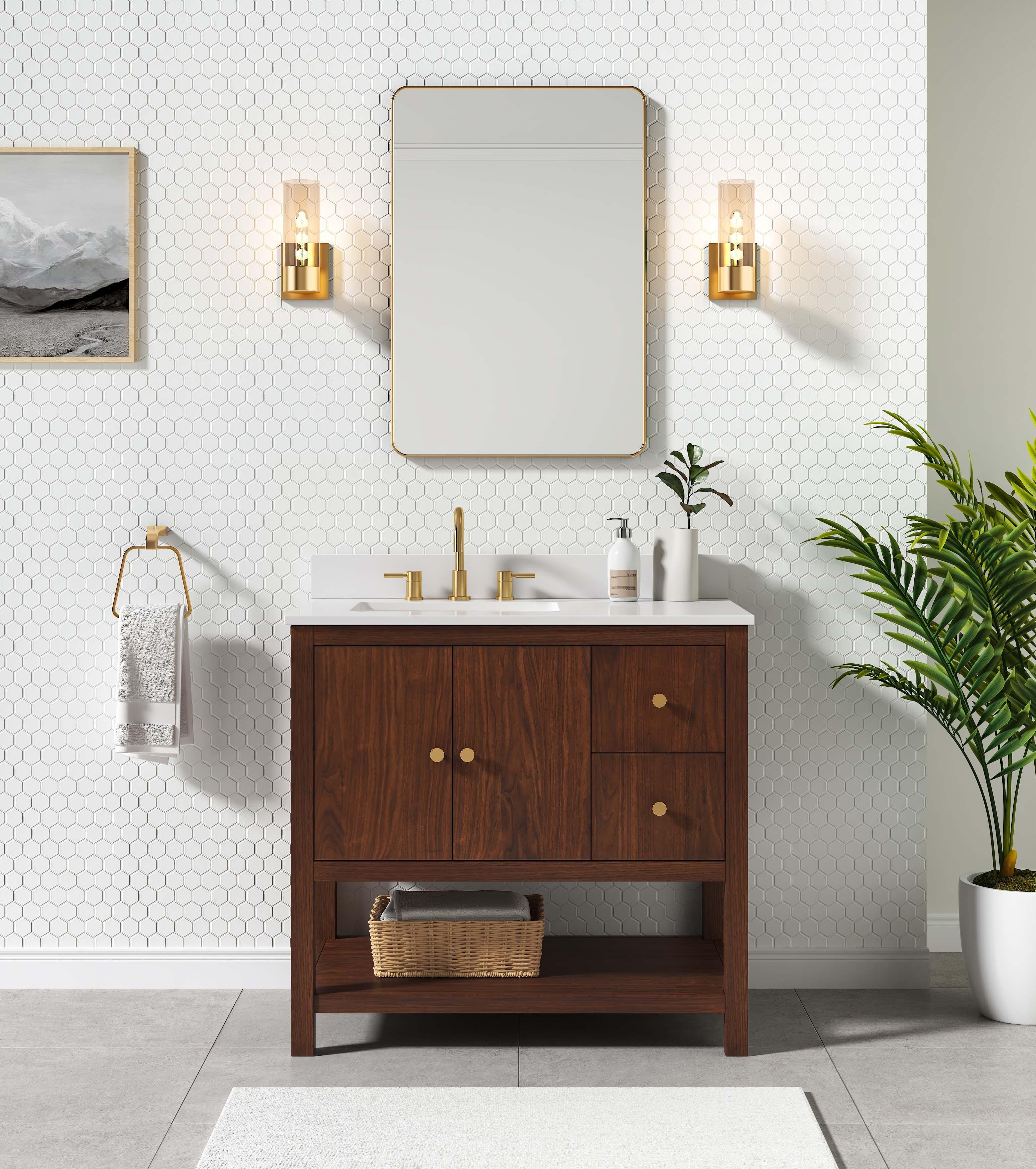 Zora 37 in. Walnut Brown Vanity with White Quartz Top