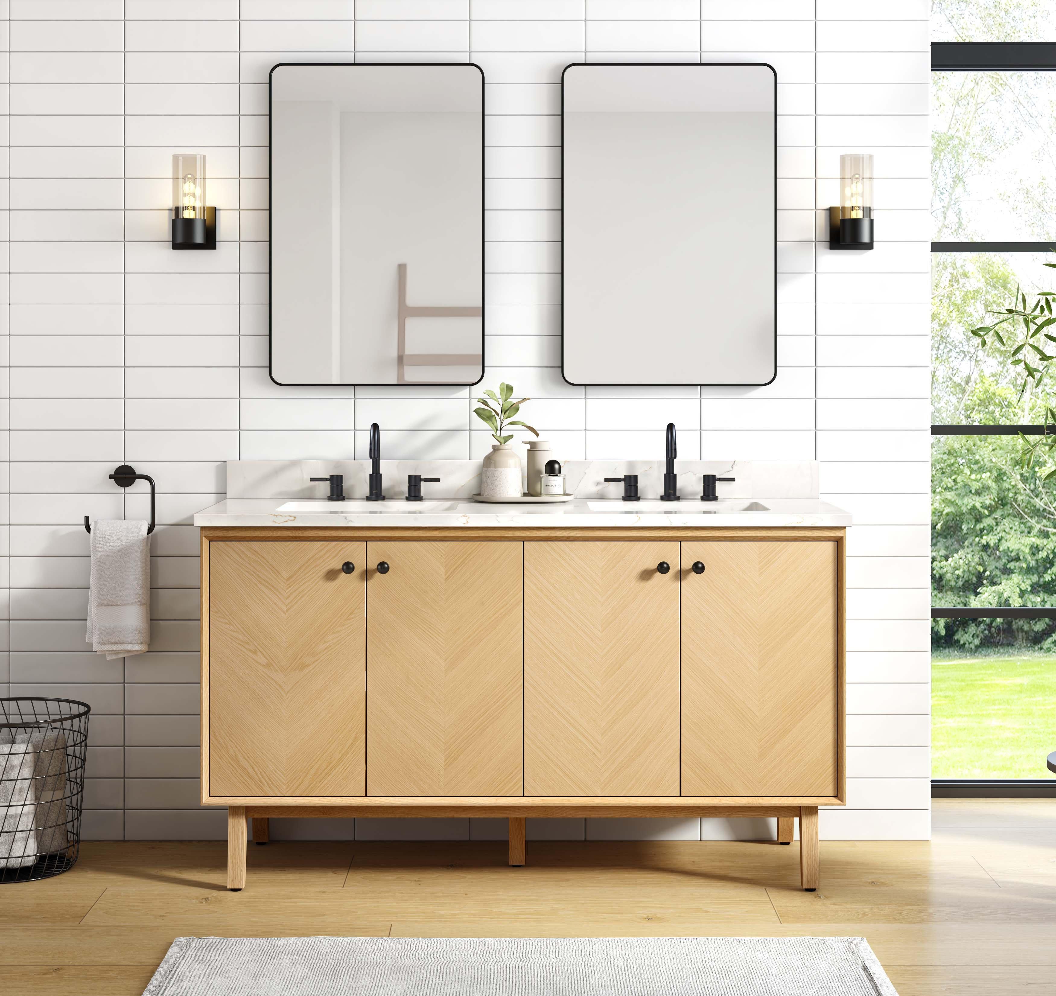 Adrian 61 in. Natural Oak Vanity with Calacatta Quartz Top