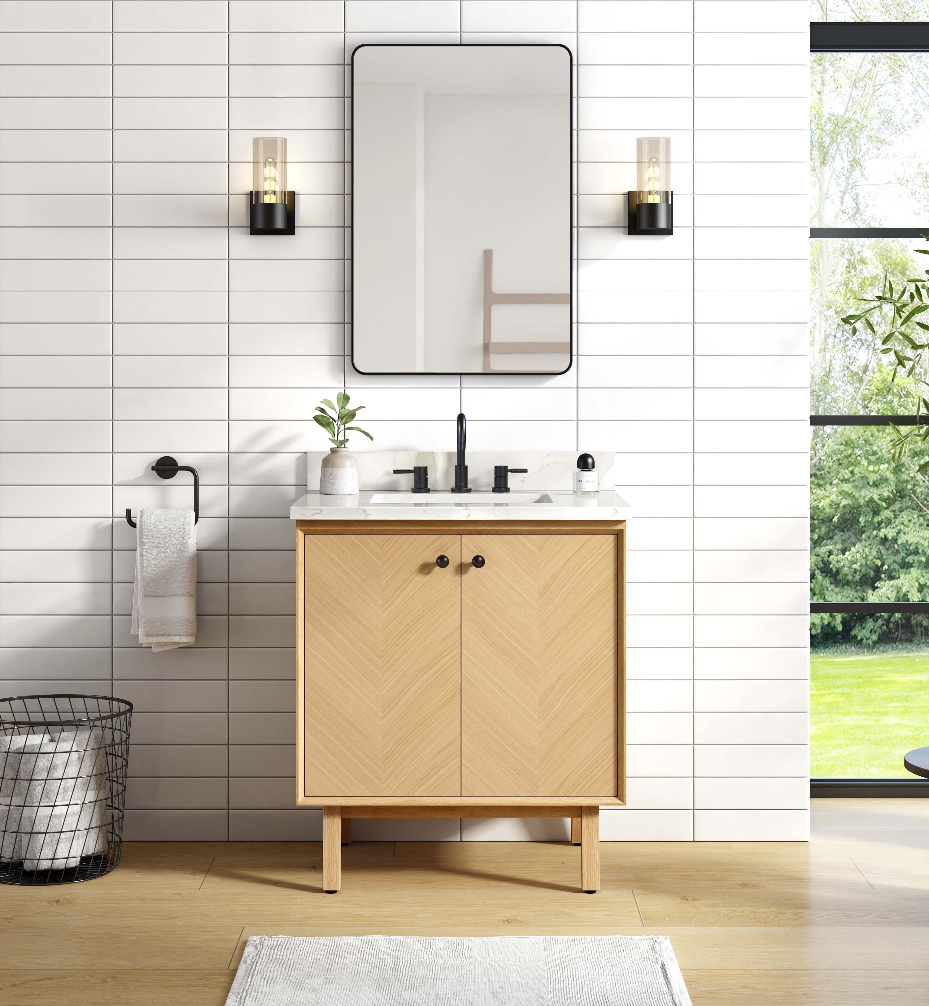 Adrian 37 in. Natural Oak Vanity with Calacatta Quartz Top