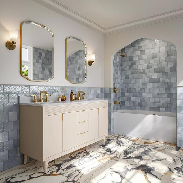 Bathroom white marble-look tile flooring.