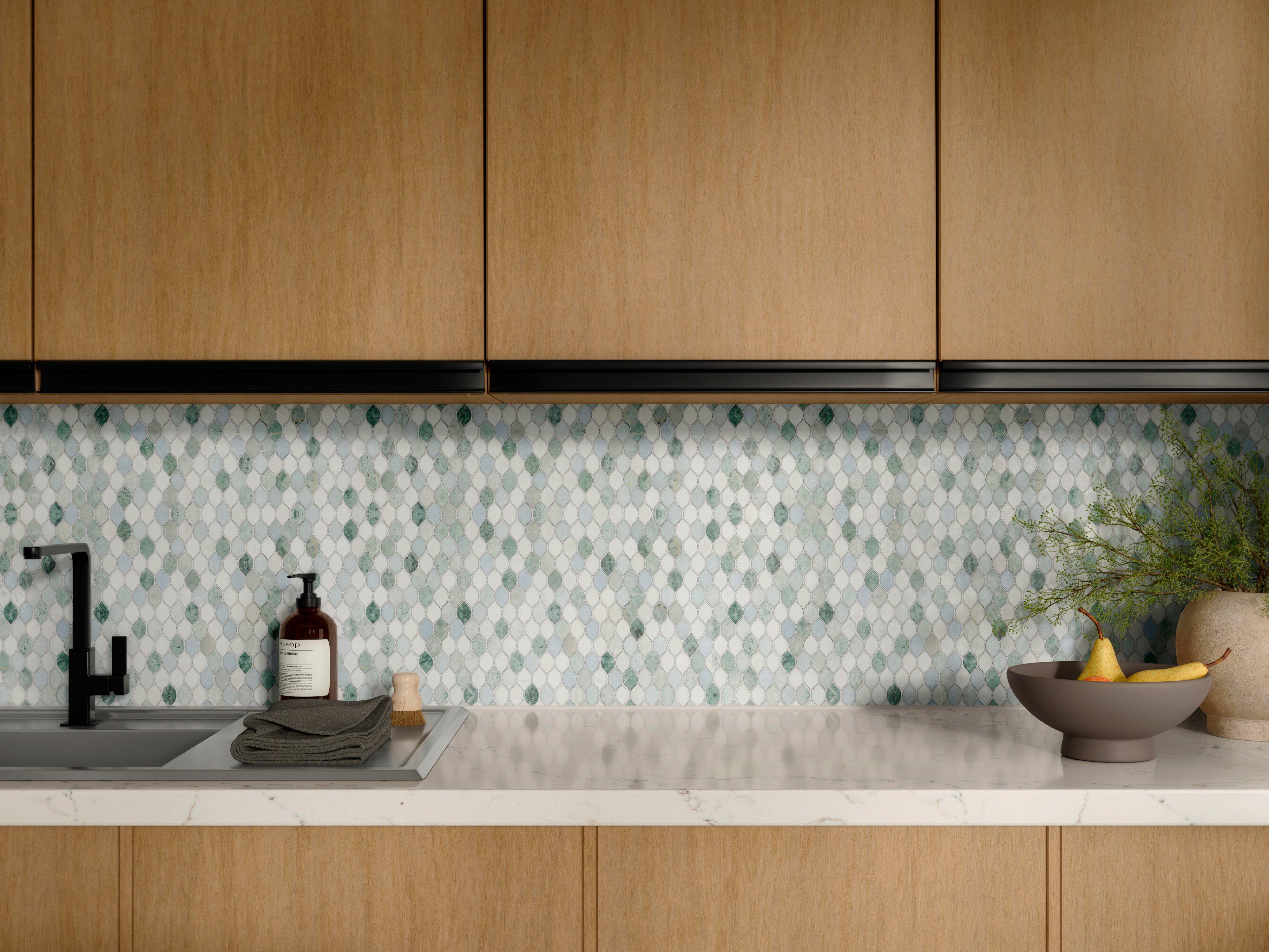 Lantern Green Blue Celeste Honed Marble Mosaic