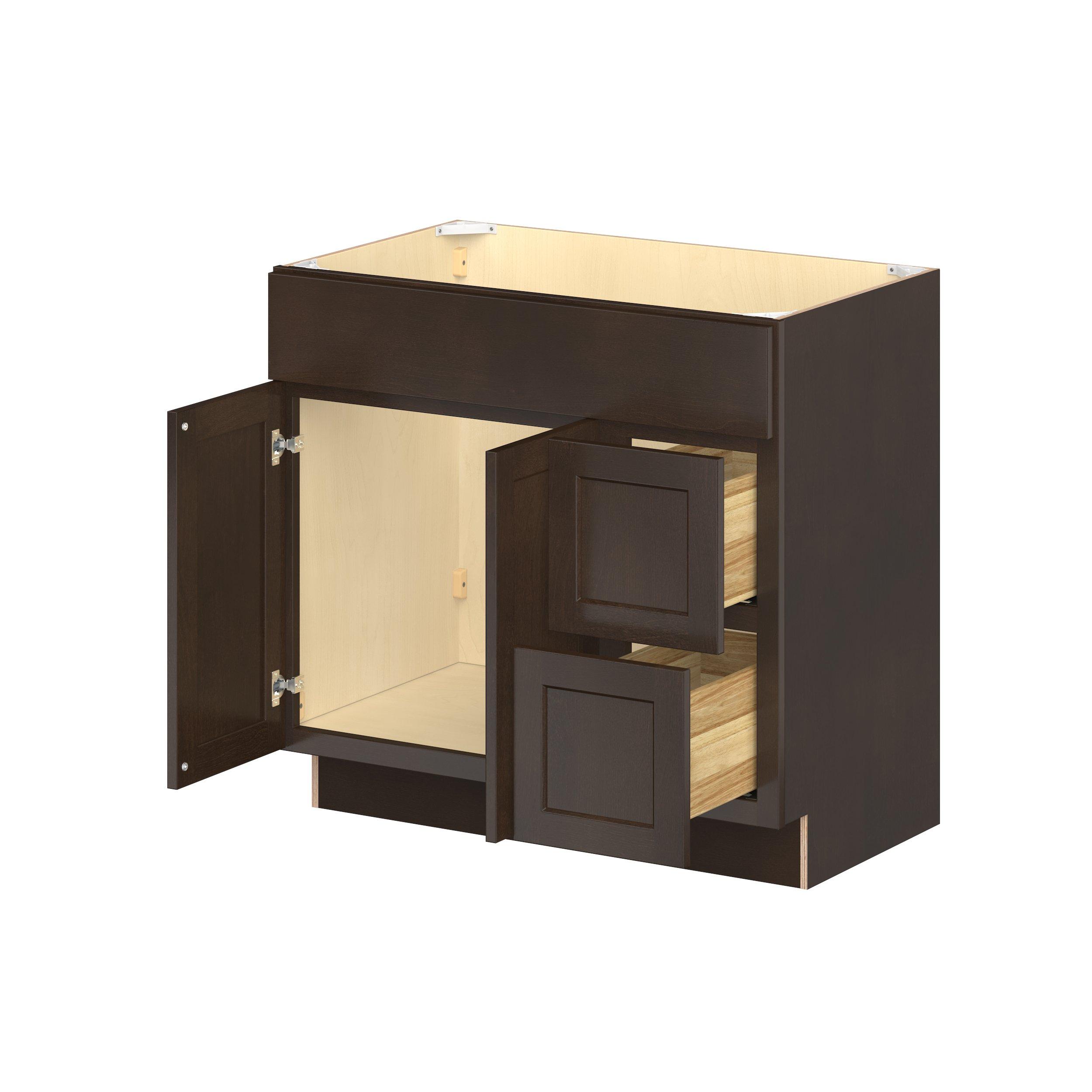 Baxley 36 in. Stained Cocoa Vanity Sink Door and Drawer Base Cabinet