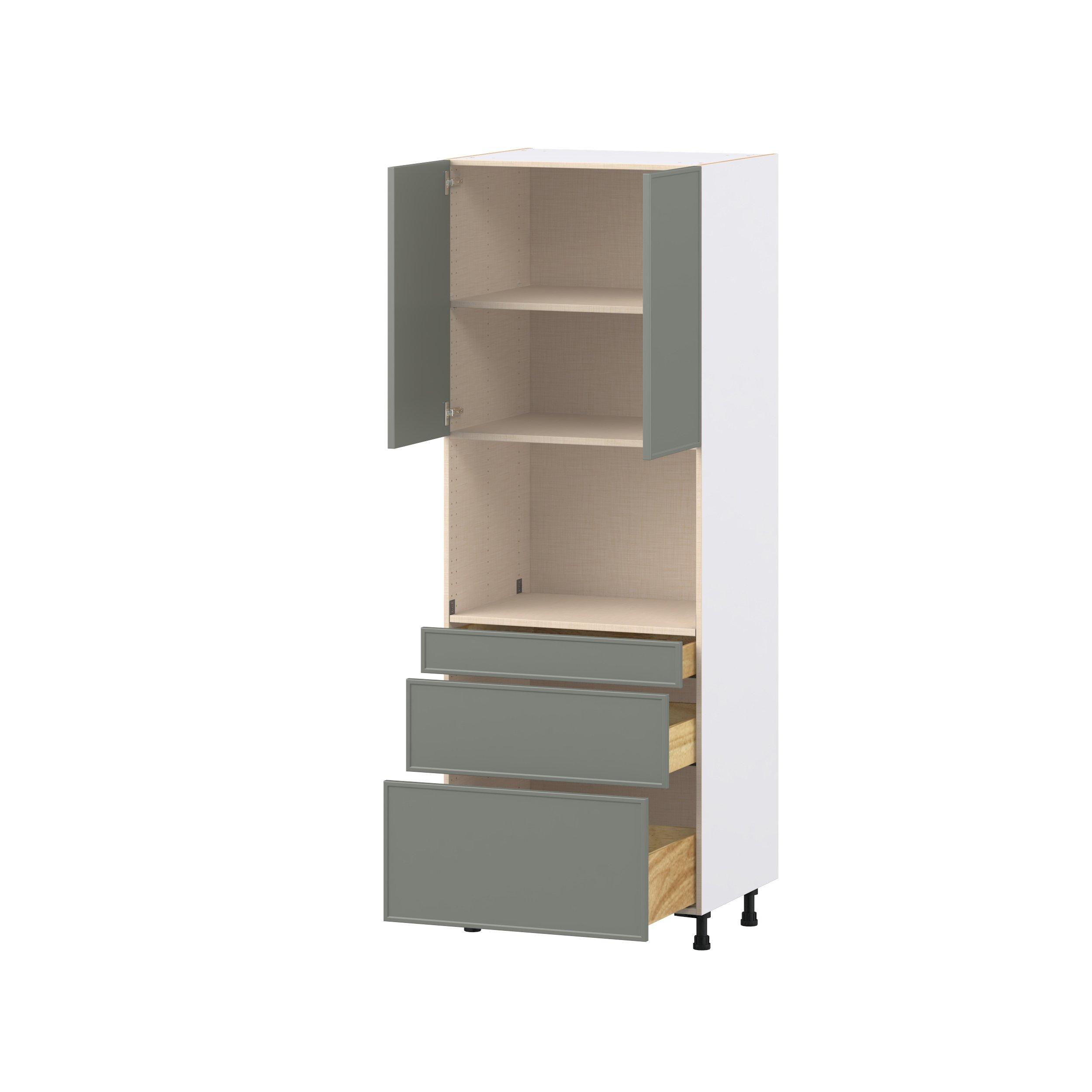 Linden 30 in. Painted Moss Green Door and Drawer Microwave Pantry Cabinet