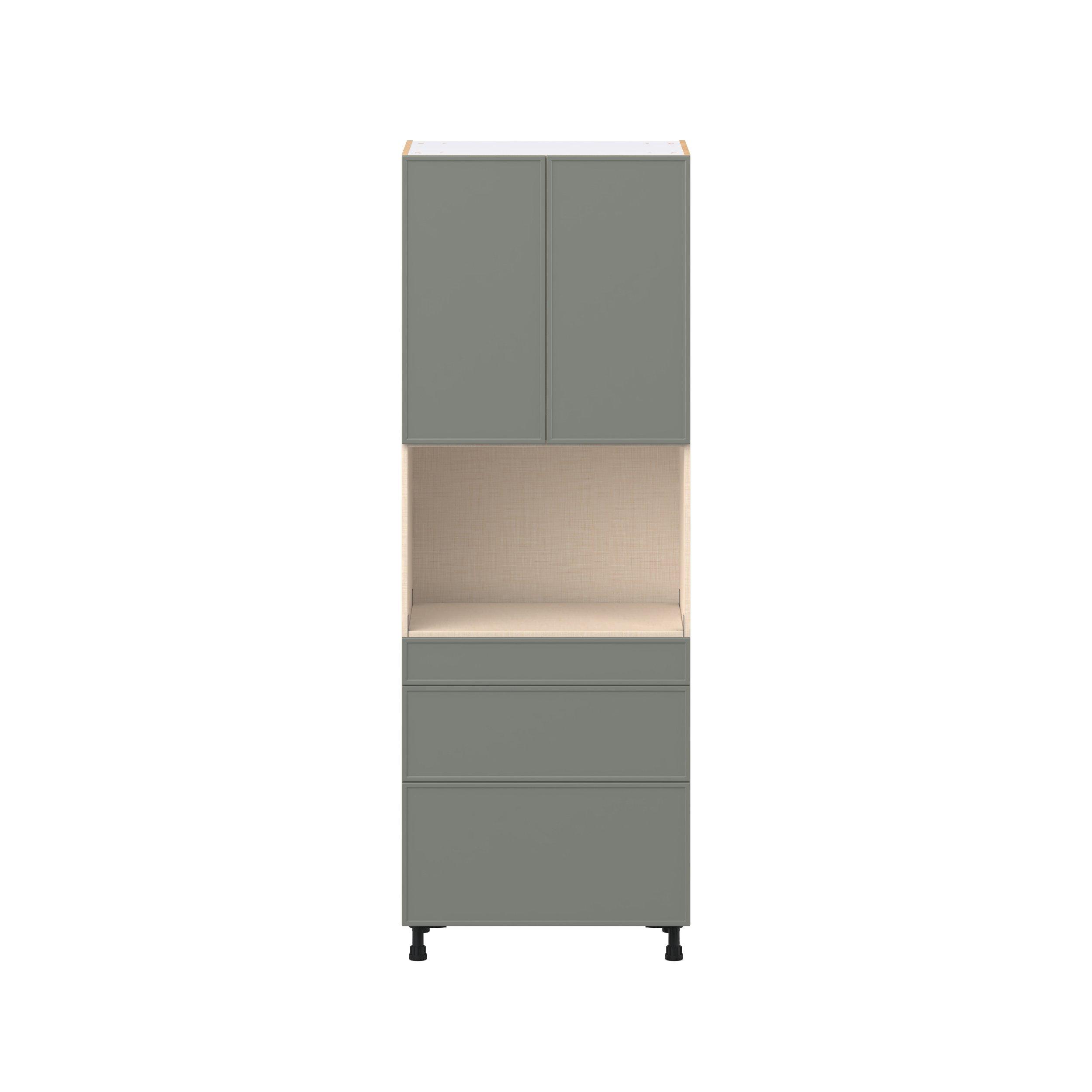 Linden 30 in. Painted Moss Green Door and Drawer Microwave Pantry Cabinet