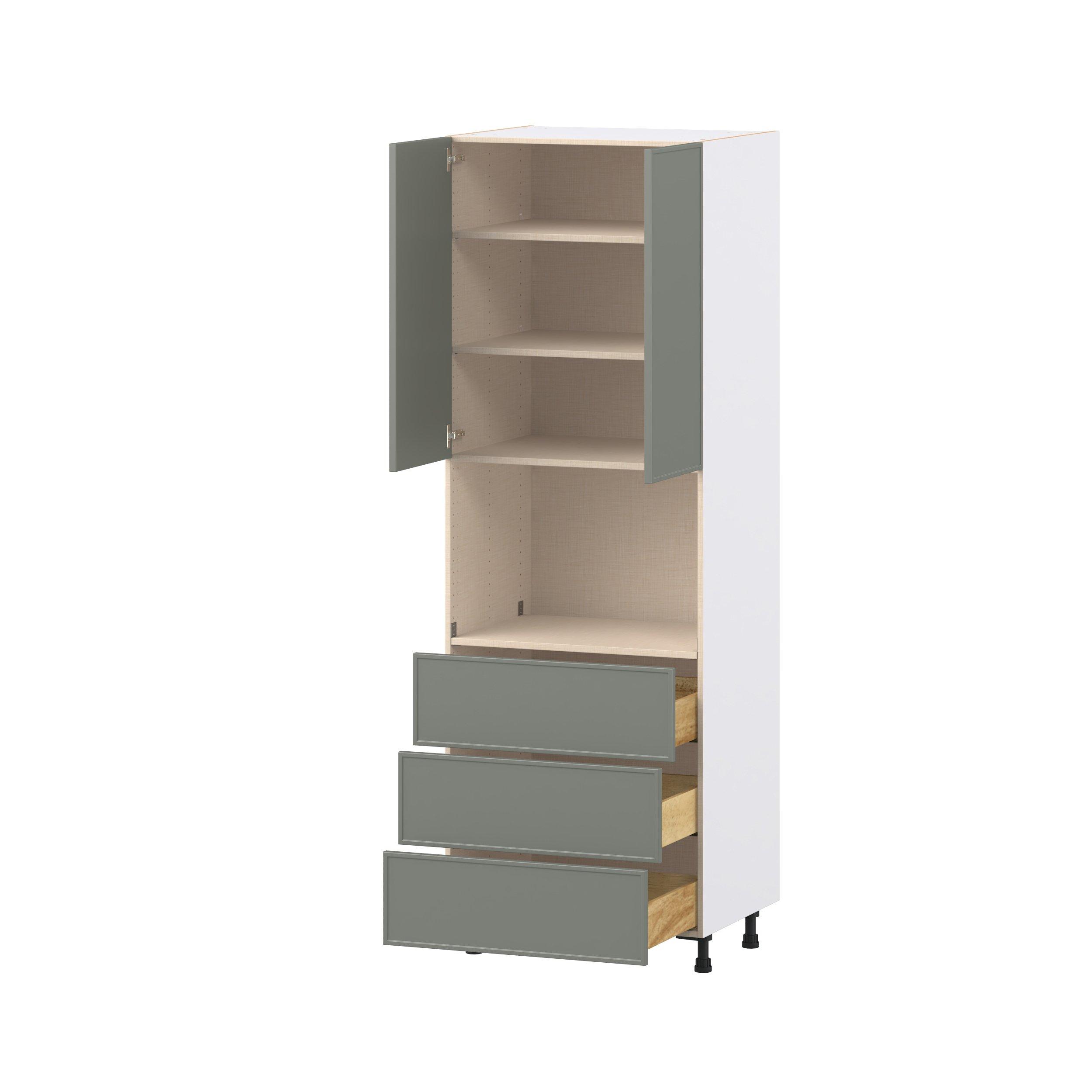 Linden 30 in. Painted Moss Green Door and Drawer Microwave Pantry Cabinet