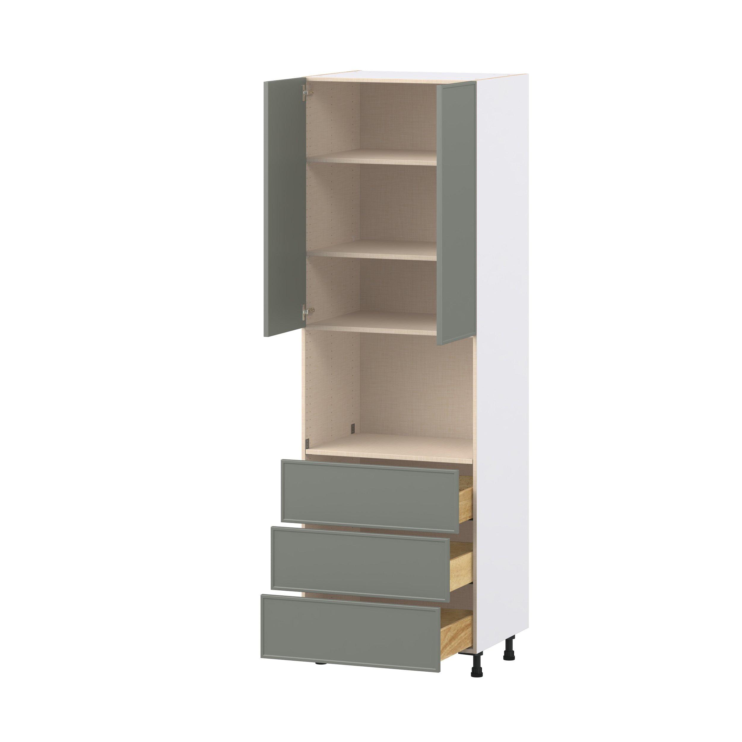 Linden 30 in. Painted Moss Green Door and Drawer Microwave Pantry Cabinet