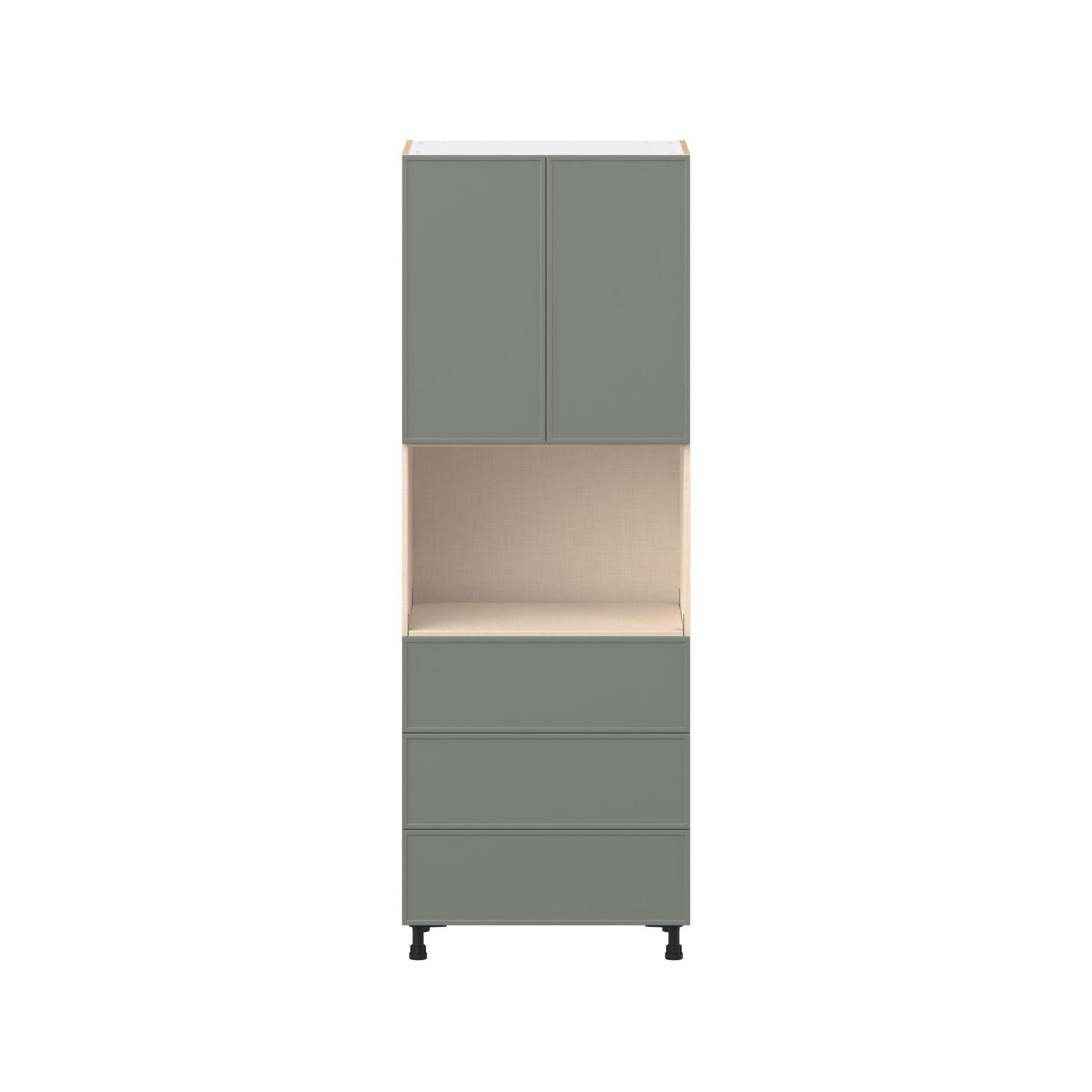 Linden 30 in. Painted Moss Green Door and Drawer Microwave Pantry Cabinet