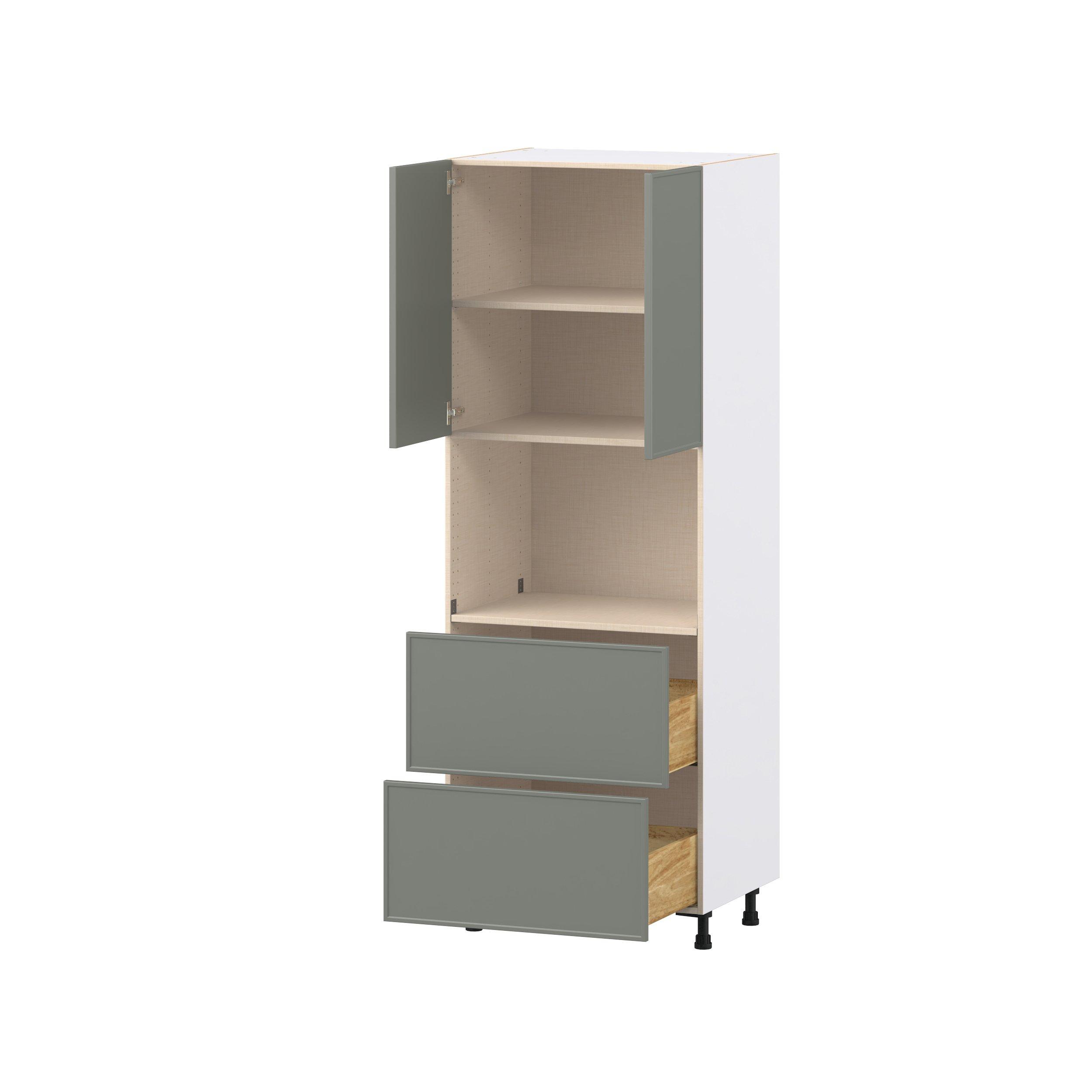Linden 30 in. Painted Moss Green Door and Drawer Microwave Pantry Cabinet