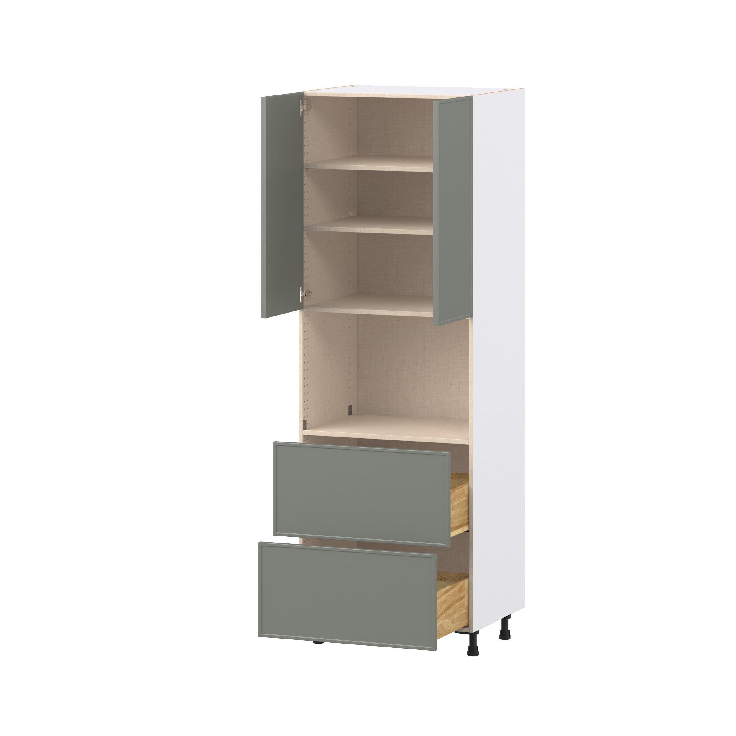 Linden 30 in. Painted Moss Green Door and Drawer Microwave Pantry Cabinet
