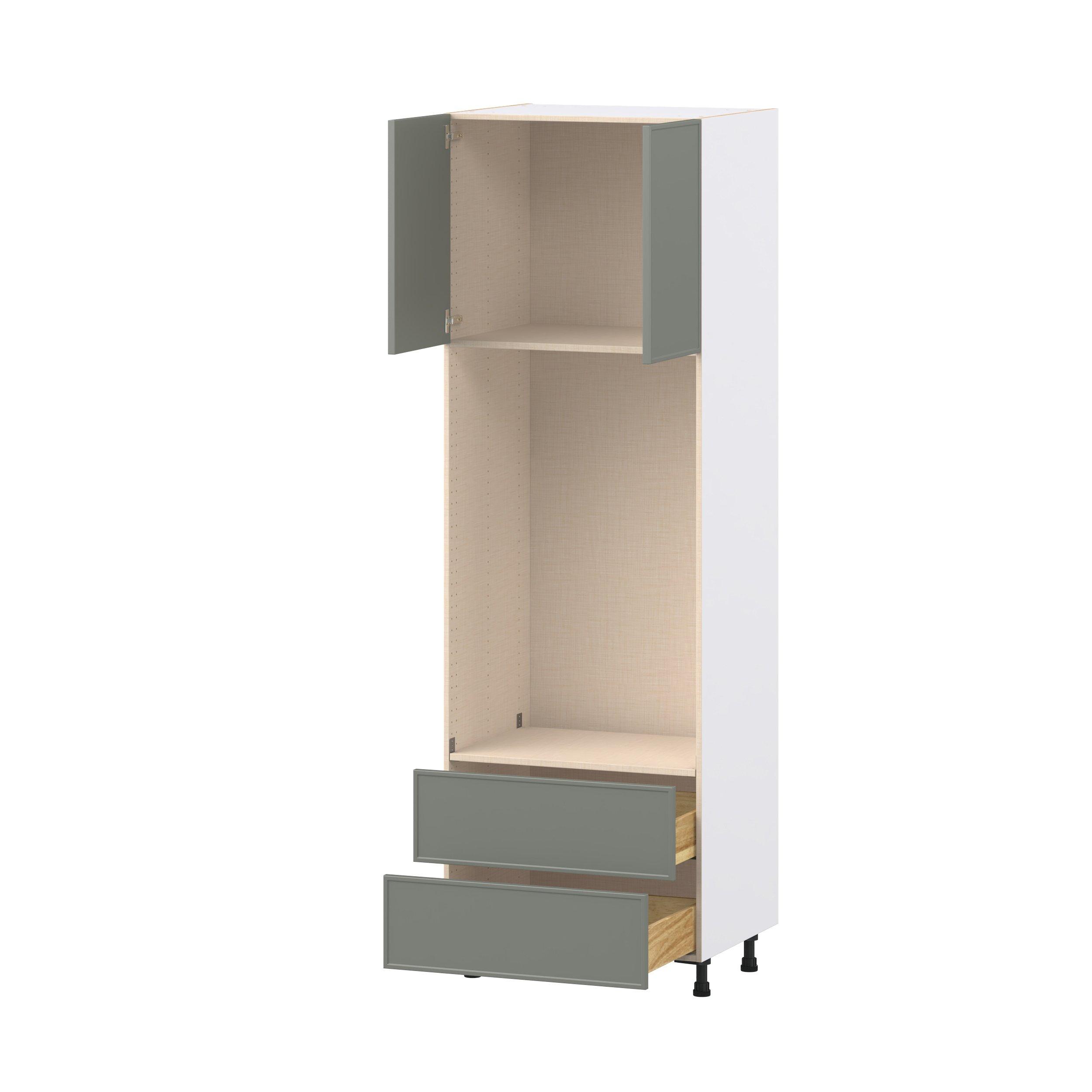 Linden 30 in. Painted Moss Green Door and Drawer Microwave Pantry Cabinet