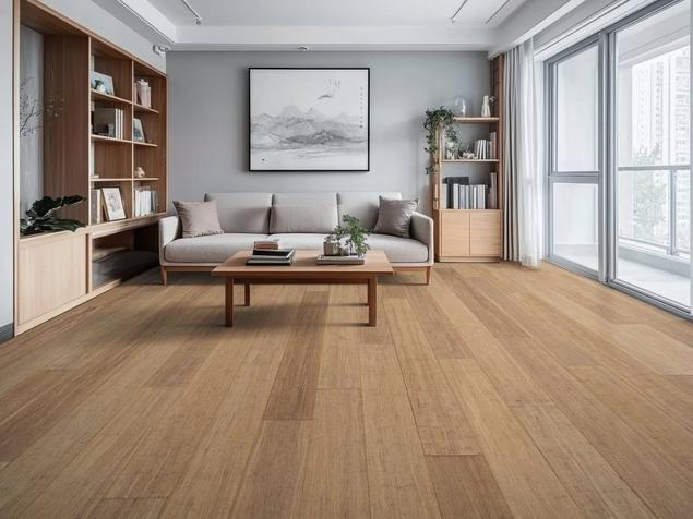 Living room with medium brown bamboo flooring and bright natural light.
