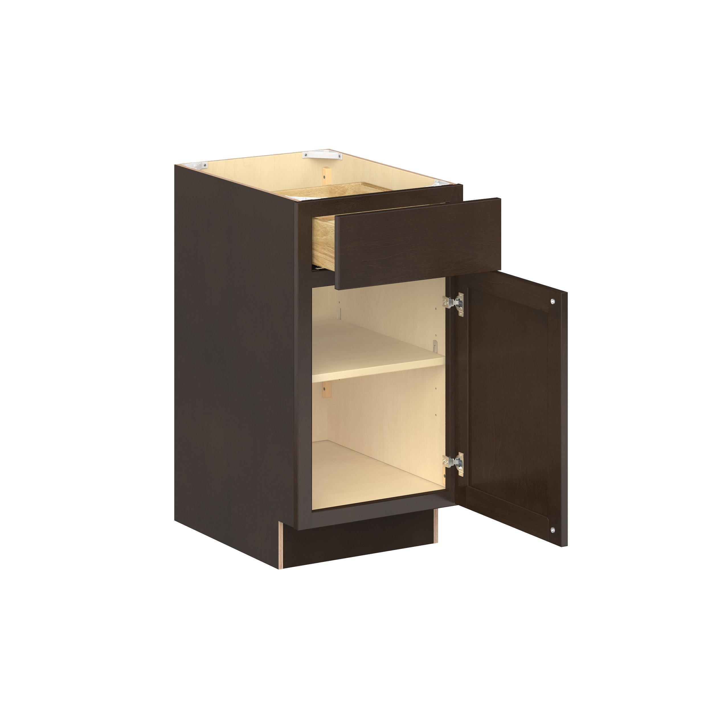 Baxley 18 in. Stained Cocoa Door and Drawer Base Cabinet - Right Door Hinge