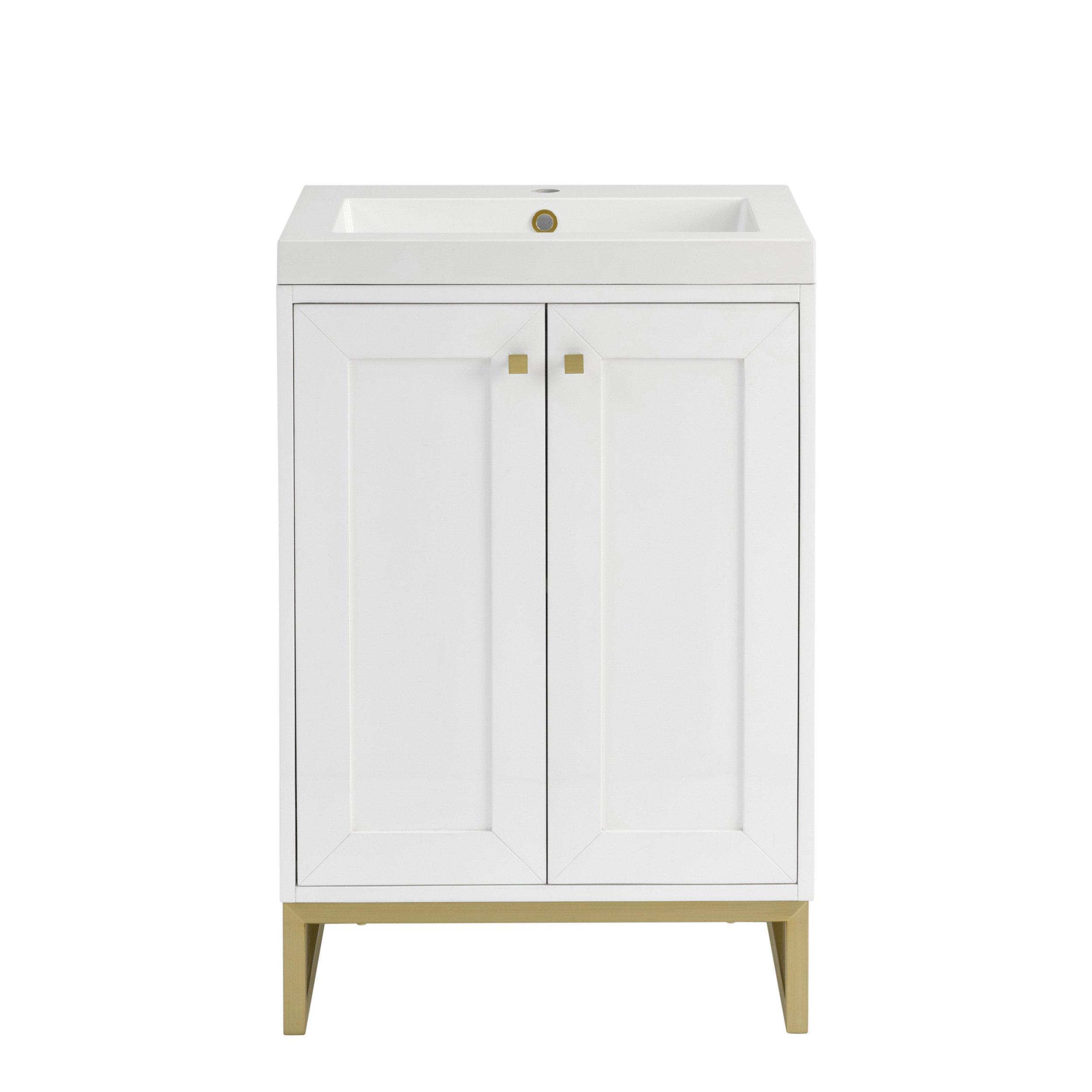 Chianti 24 in. Glossy White and Champagne Brass Single Sink Vanity with White Glossy Composite Stone Top