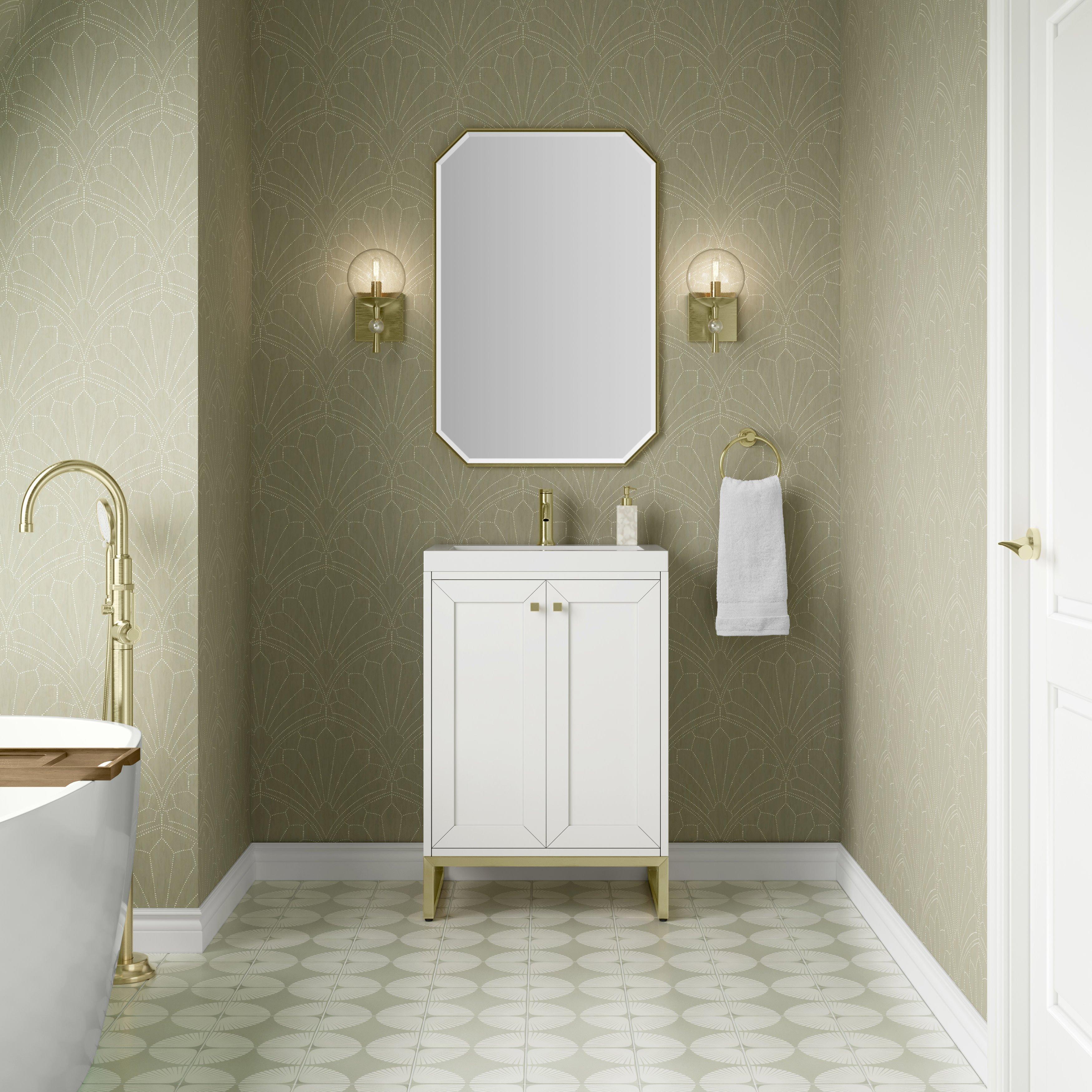 Chianti 24 in. Glossy White and Champagne Brass Single Sink Vanity with White Glossy Composite Stone Top
