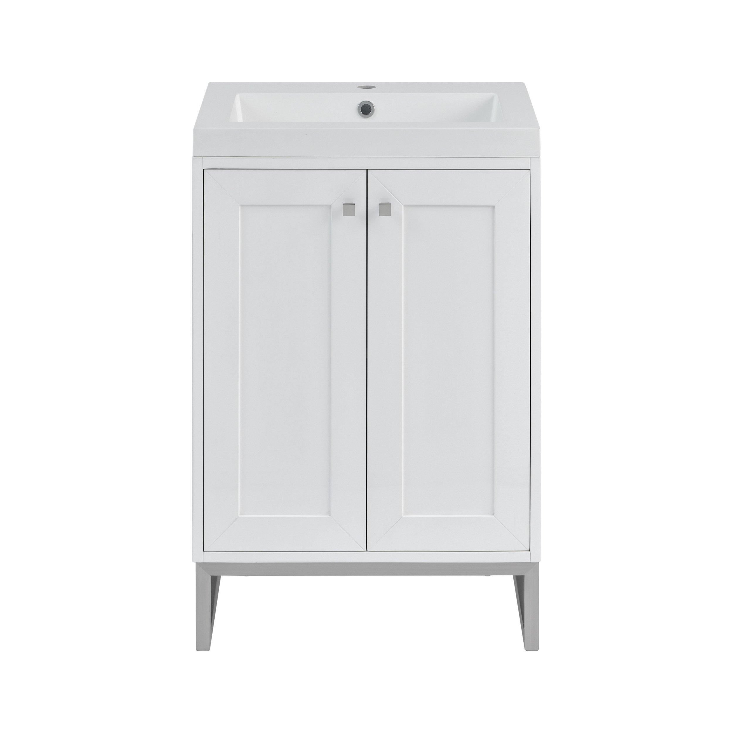 Chianti 24 in. Glossy White and Brushed Nicekl Single Sink Vanity with White Glossy Composite Stone Top