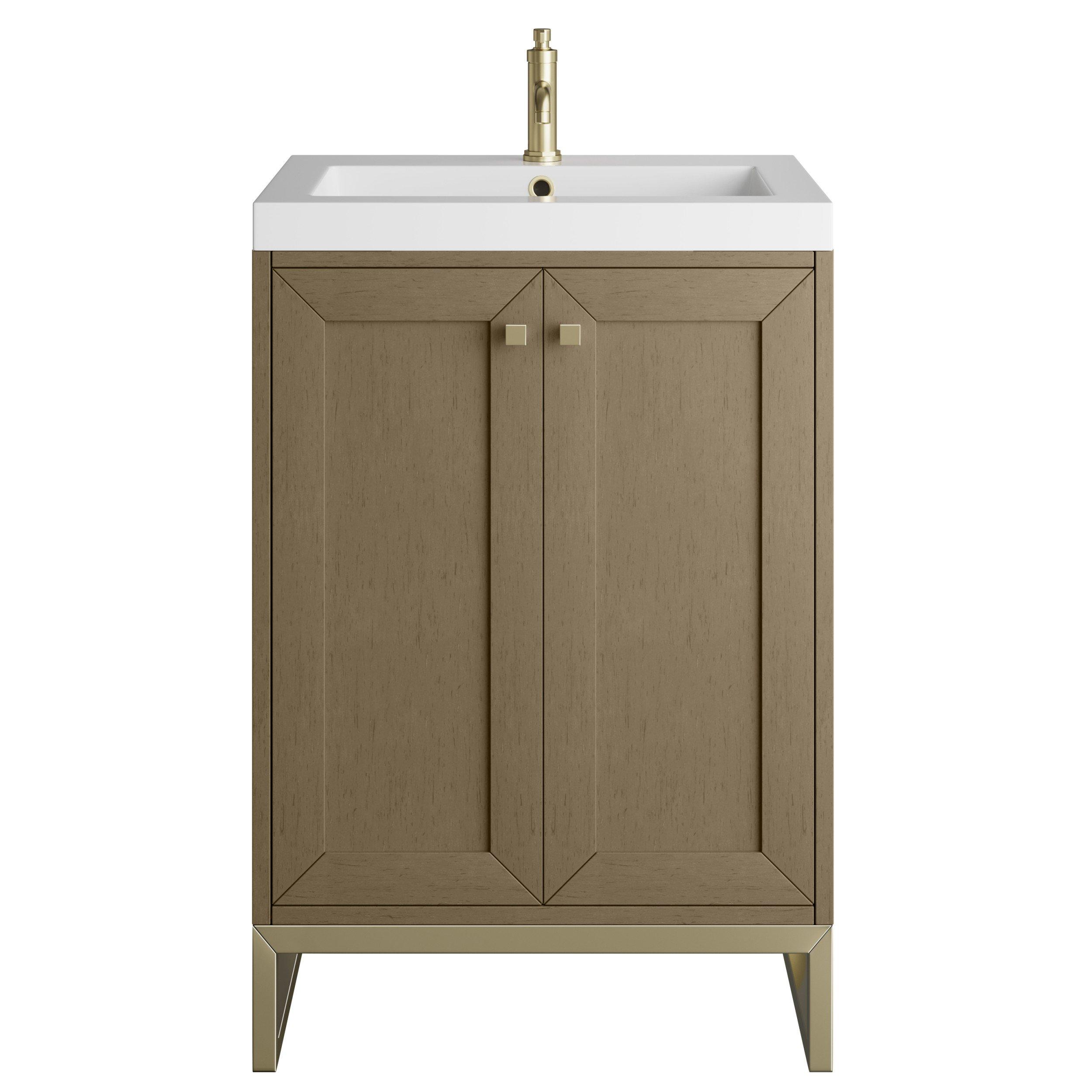 Chianti 24 in. Walnut Brown and Champagne Brass Single Sink Vanity with White Glossy Composite Stone Top