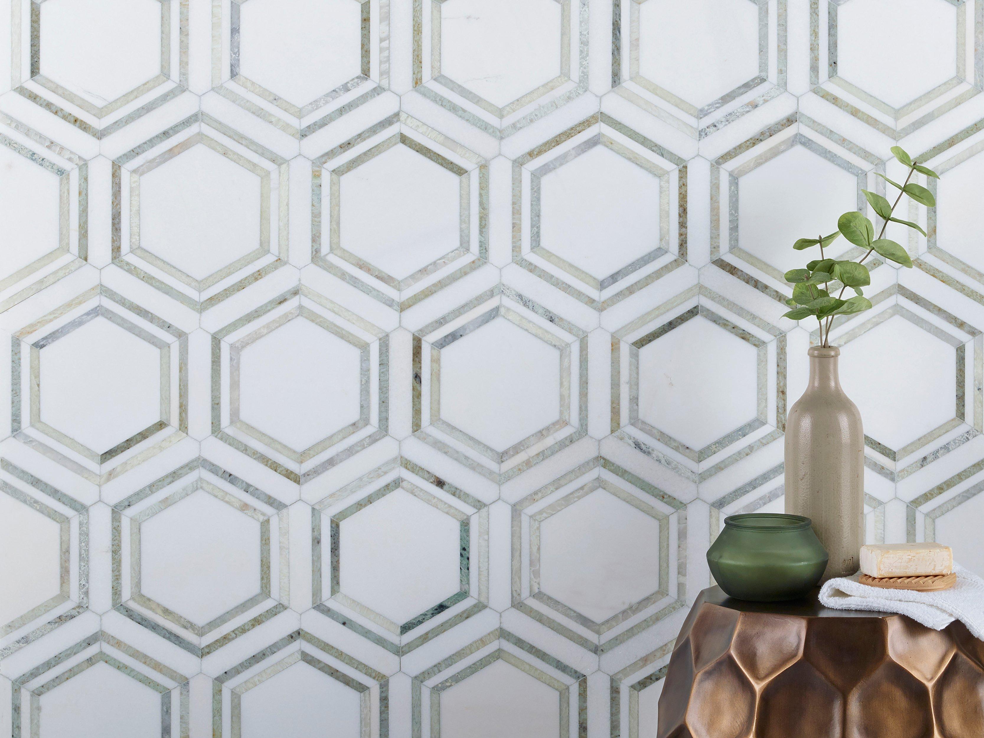 Green Framed Hexagon II Thassos Marble Polished Mosaic