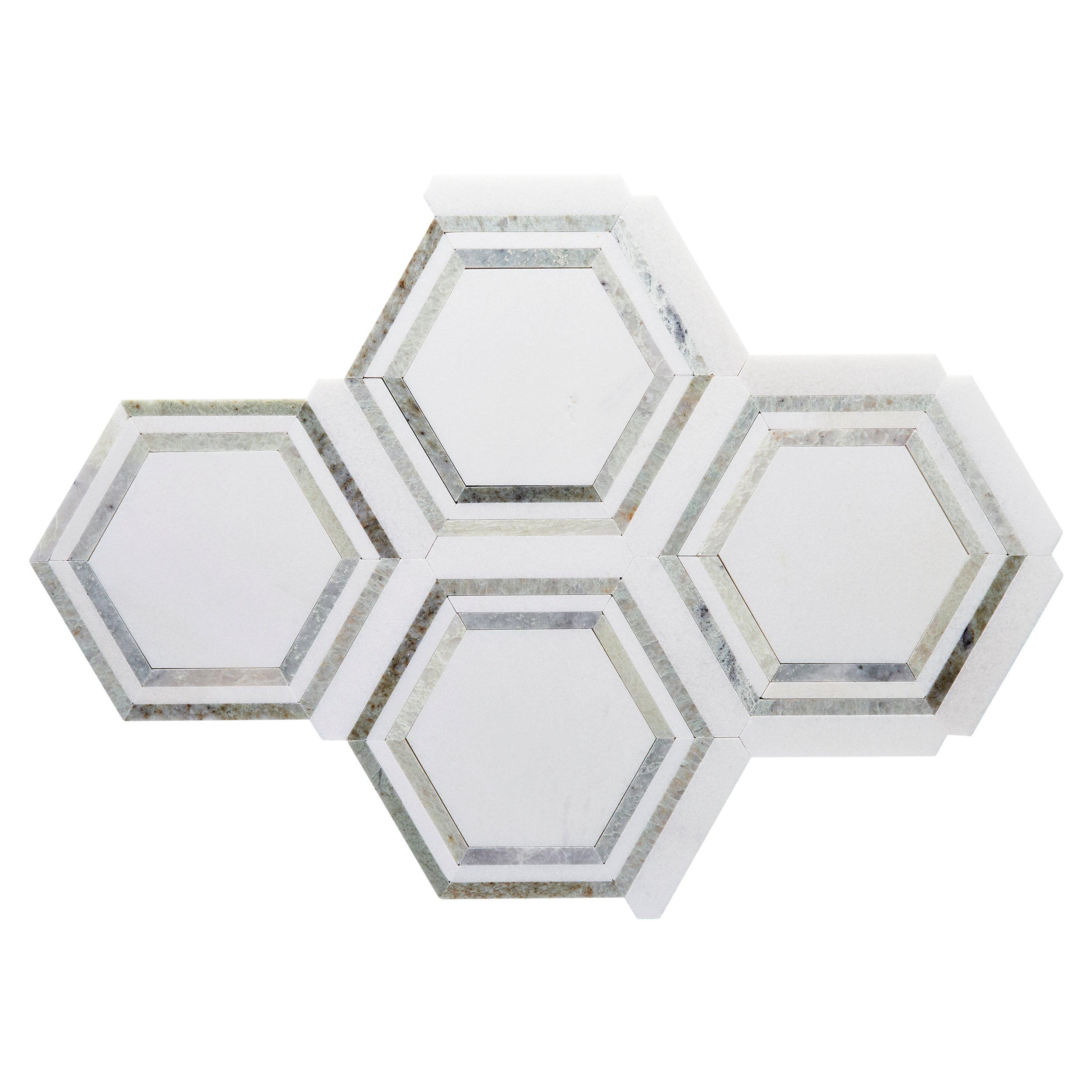 Green Framed Hexagon II Thassos Marble Polished Mosaic