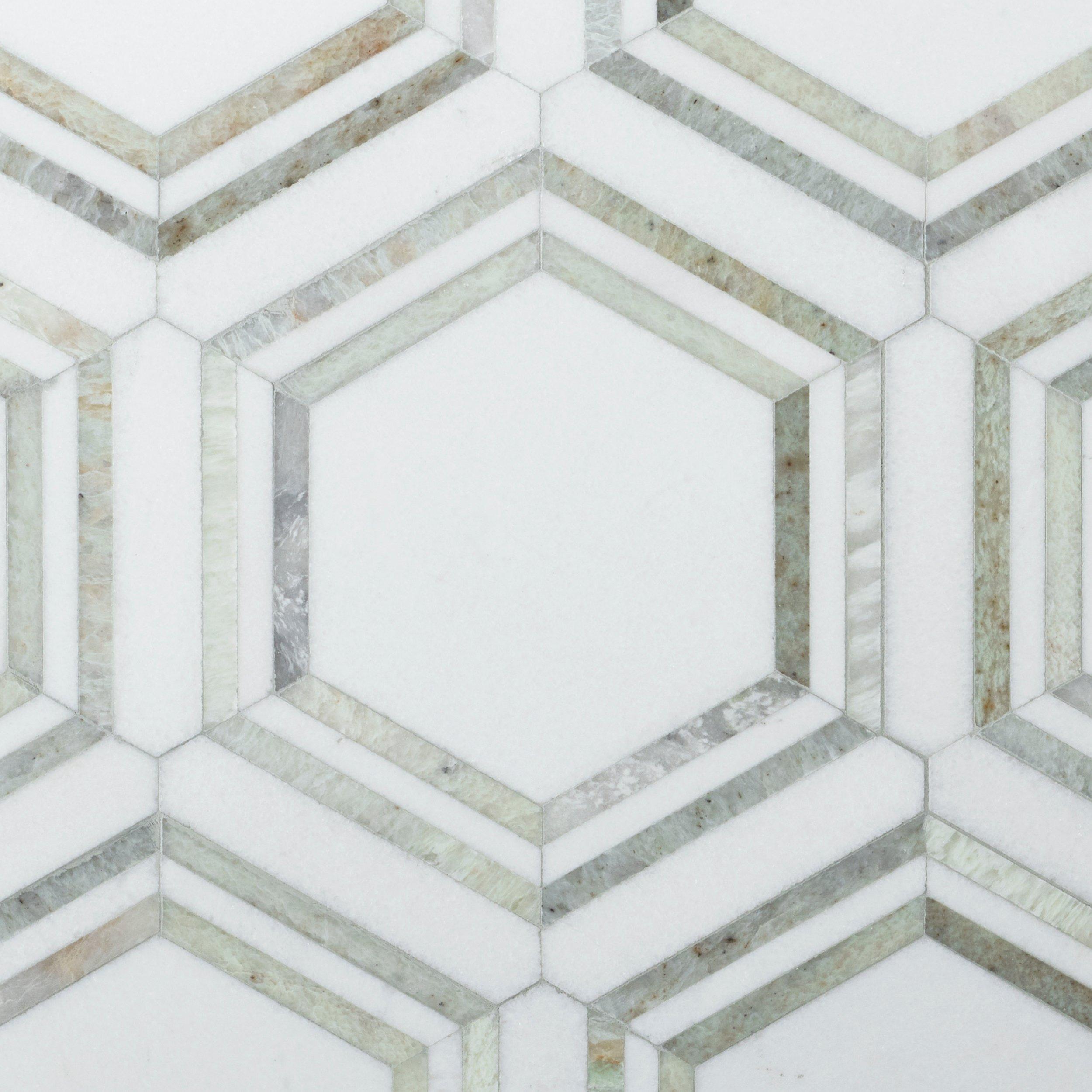 Green Framed Hexagon II Thassos Marble Polished Mosaic