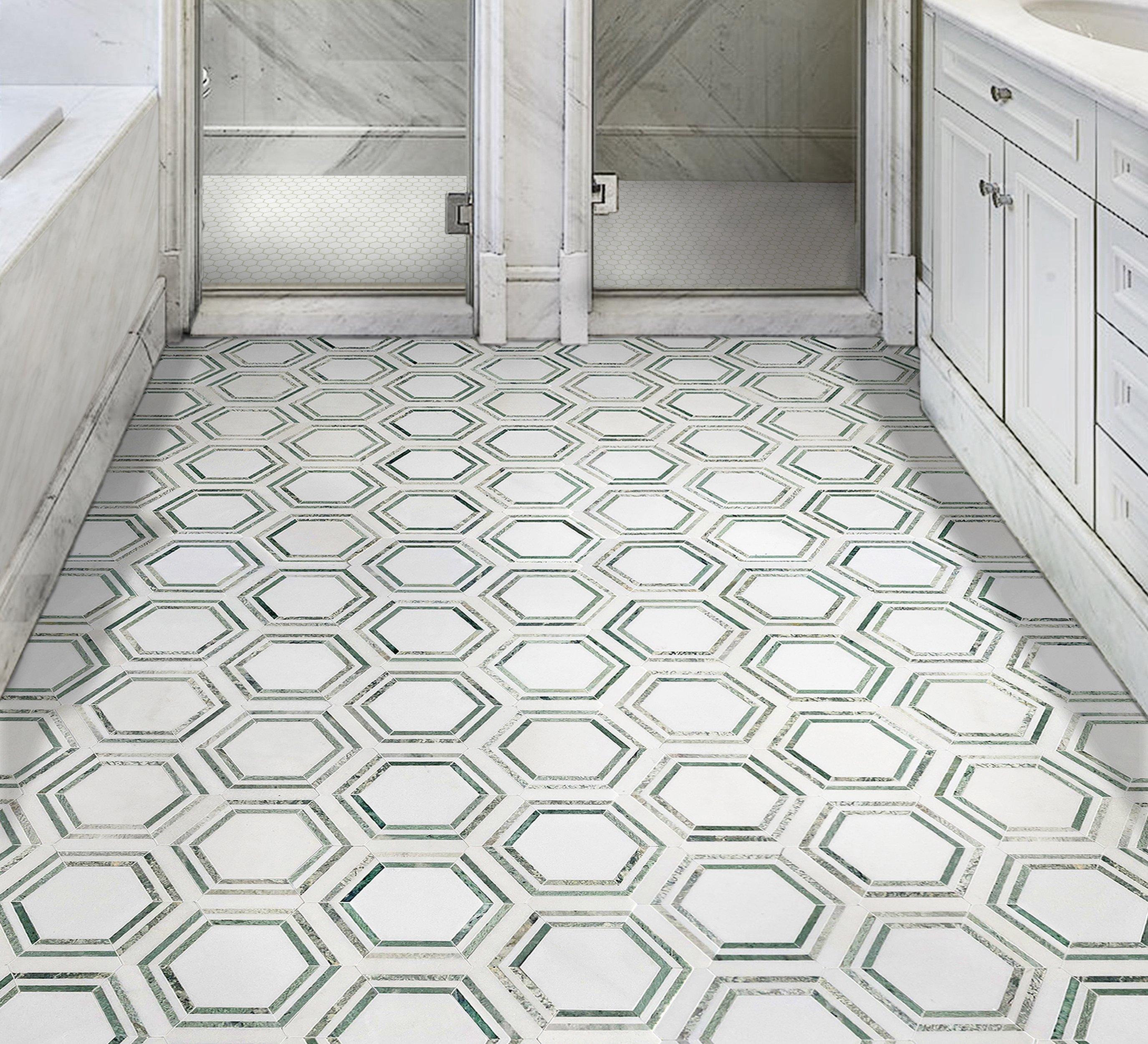 Green Framed Hexagon II Thassos Marble Polished Mosaic