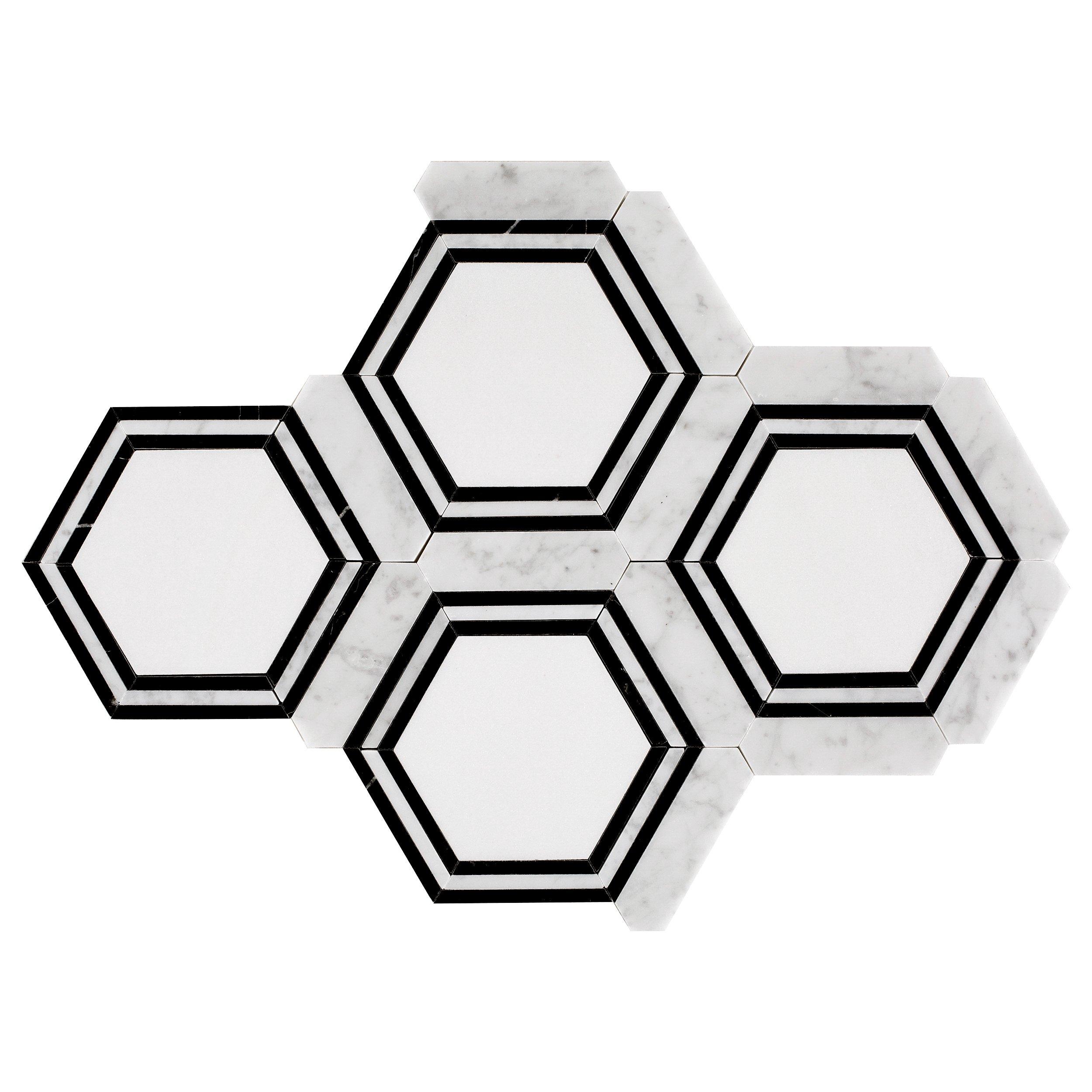 Framed Hexagon Thassos Bianco Carrara Polished Marble Mosaic