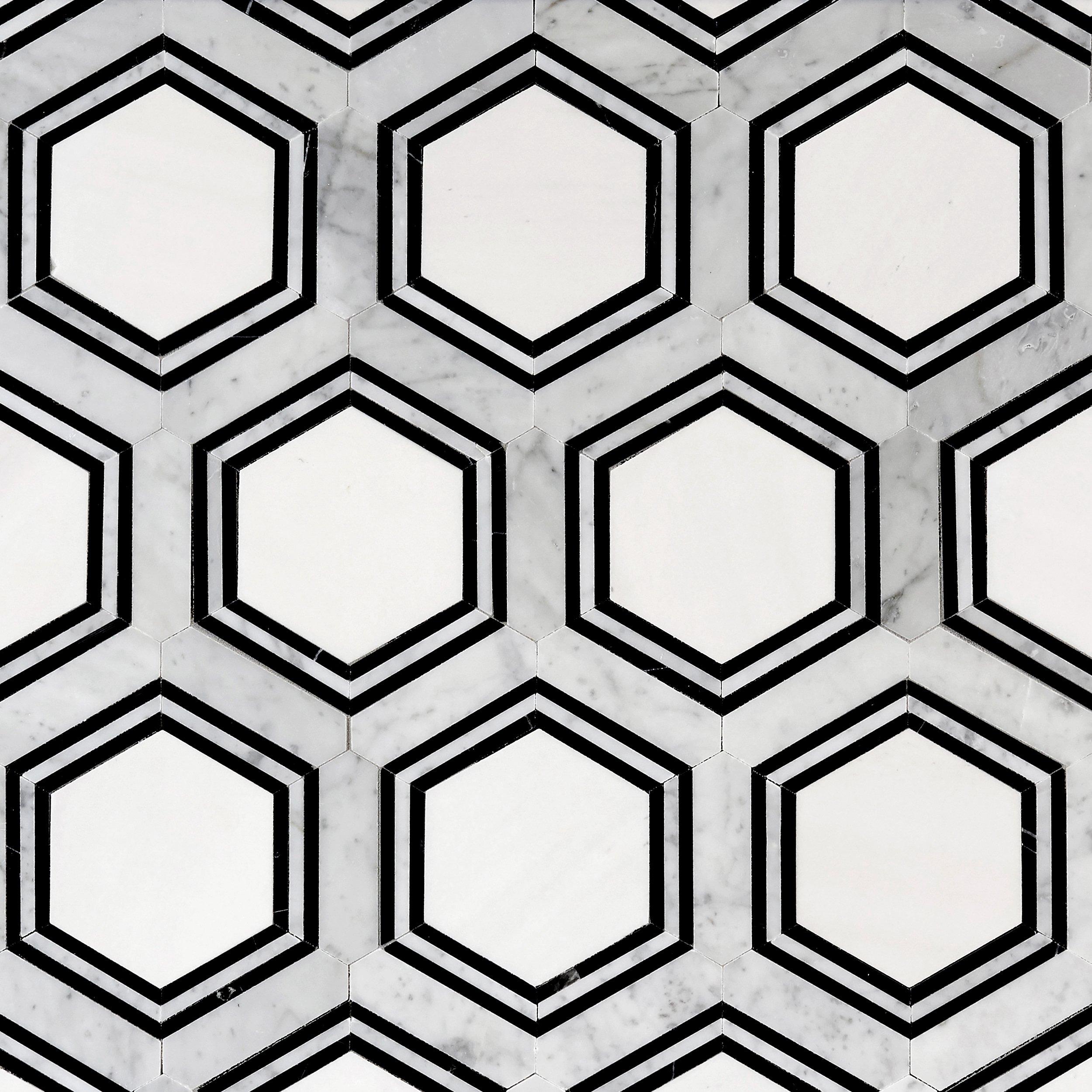 Framed Hexagon Thassos Bianco Carrara Polished Marble Mosaic