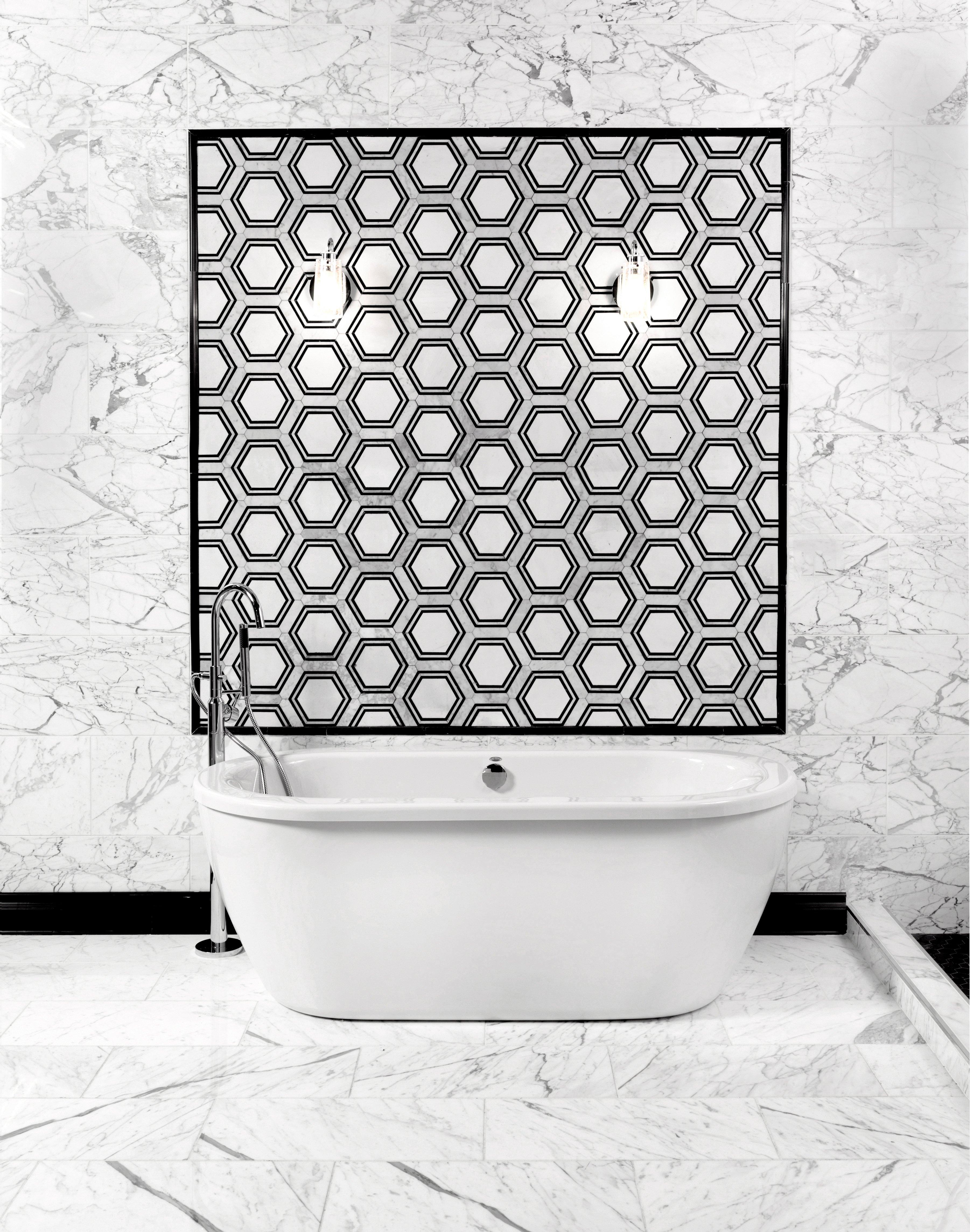 Framed Hexagon II Thassos Bianco Carrara Polished Marble Mosaic